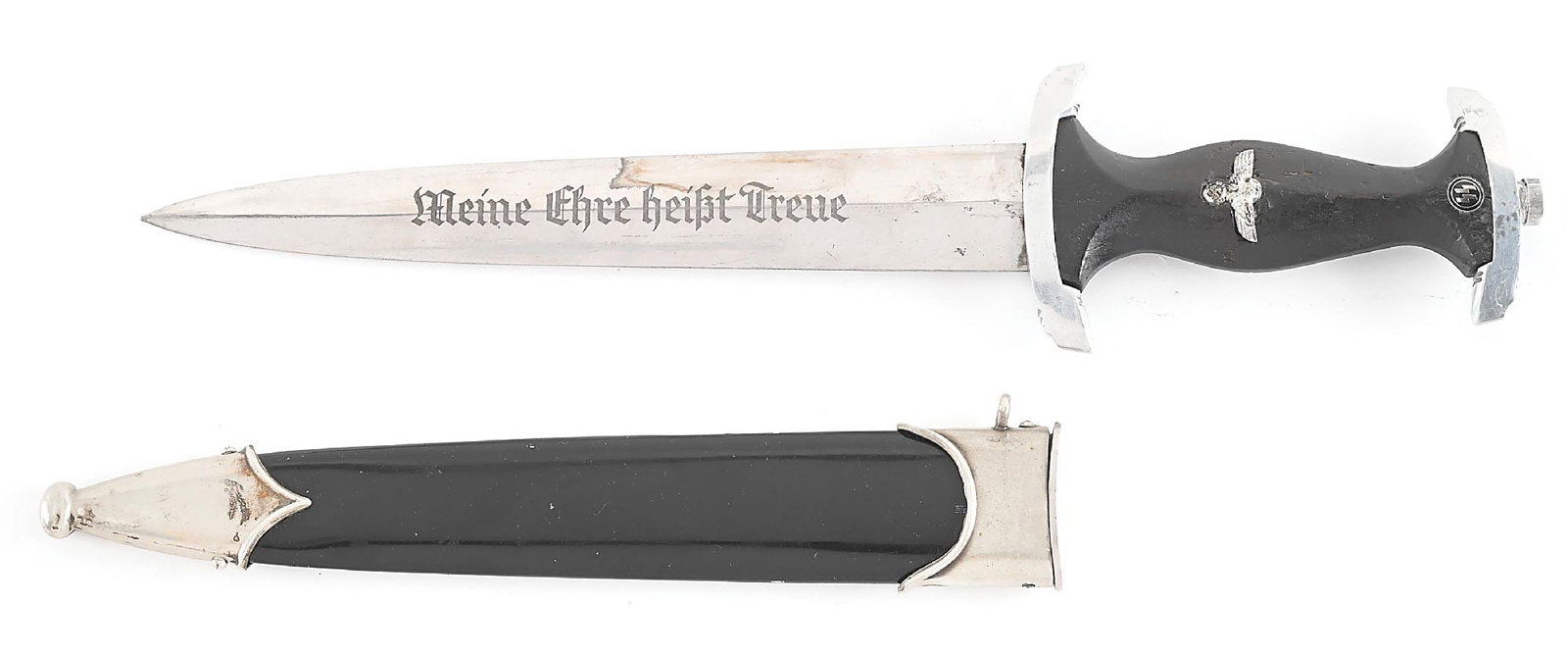 THIRD REICH SS DAGGER.: Third Reich SS dagger with a "RZM 1211/39" and "SS" marked blade, with heavy polishing, scattered marks, and heavy runner marks. Nickle fittings are loose with scattered marks and patina, grip has