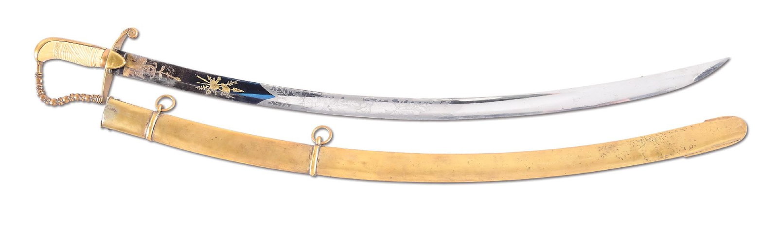 FEDERAL PERIOD HORSEMAN'S SABER.: US Federal Period saber with curved blade that features a single, wide fuller. Neatly fire blued and etched panels adorn the blade for over half of its length. The panels feature foliate and patriotic