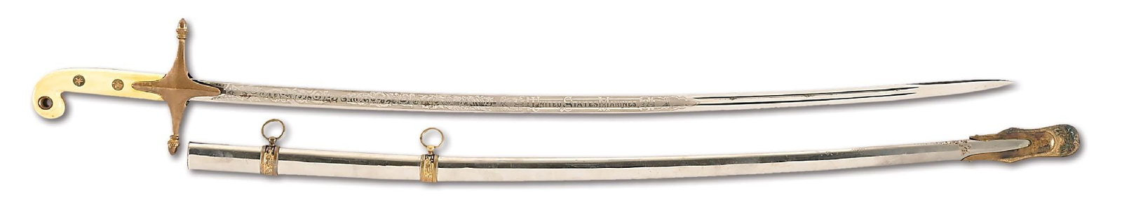 1930S US MARINE CORPS MAMELUKE SWORD NAMED TO BRIGADIER GENERAL SAMUEL ROBERT SHAW.: A very nice example of a pre-WWII Marine officer's sword named to Samuel Robert Ward. Ward came into the Corps in 1928 and served two years as an enlistedman. He was accepted to the US Naval Academy i
