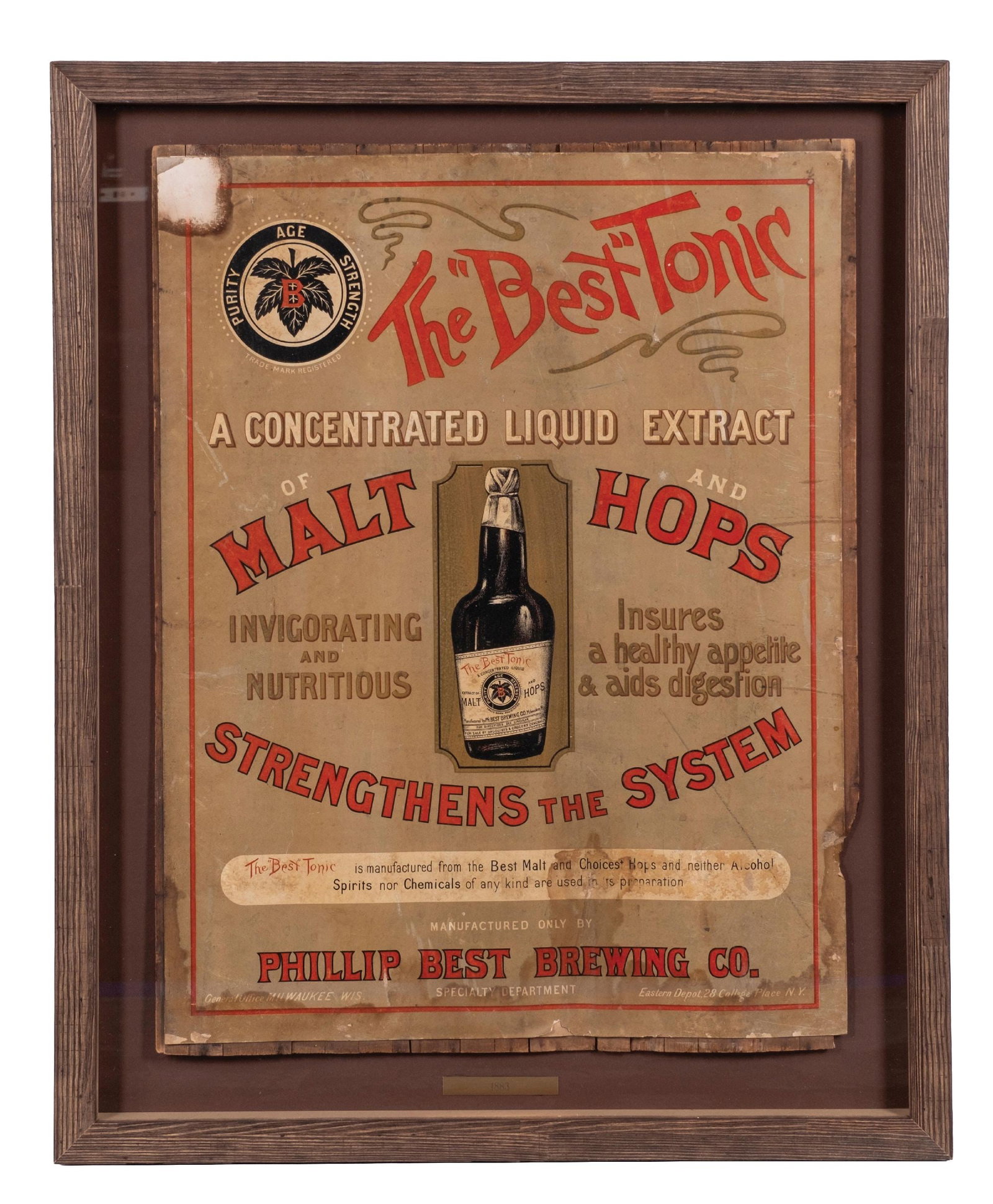 1883 PHILLIP BEST BREWING CO. FRAMED CARDSTOCK ADVERTISEMENT FOR "THE 'BEST' TONIC" OF MALT AND HOPS: Single-sided cardstock marked for the Philip Best Brewing Co. CONDITION: Moderate to significant edge wear, primarily on the right side and along the bottom edge, with an area of missing paper in the 