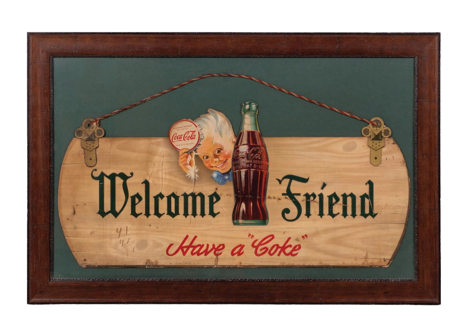 FRAMED CARDBOARD ADVERTISING "WELCOME FRIEND" WITH SPRITE BOY: CONDITION: Showing moderate edge wear, with some areas of missing cardboard. Additional mounting holes noted, with original string hanger. Light toning and overall staining has been noted. There is a 
