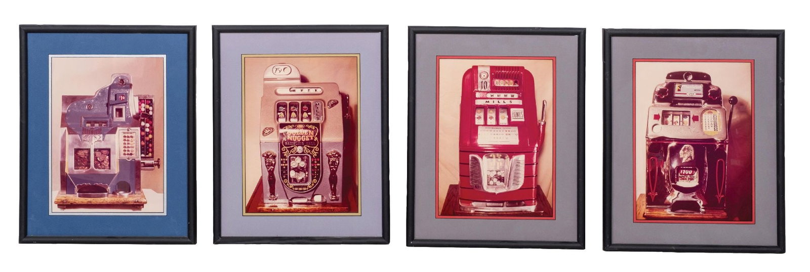 COLLECTION OF 4 FRAMED SLOT MACHINE PHOTOGRAPHS: CONDITION: All four photographs are professionally framed and matted, showing good color and are ready to hang. Frame shows some areas of wear due to handling. Condition: (Very Good). Dimensions: EA: 