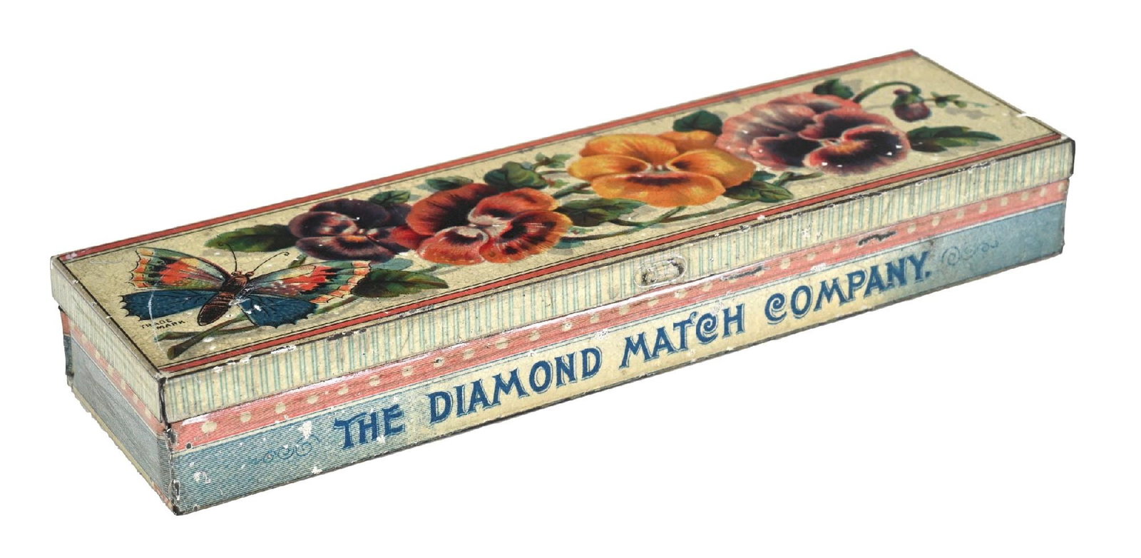 THE DIAMOND MATCH COMPANY TIN: A good-looking example of this small tin box from The Diamond Match Company with a floral motif. CONDITION: The box shows some paint chips and light scuffs, but remains clean and vibrant overall. Cond
