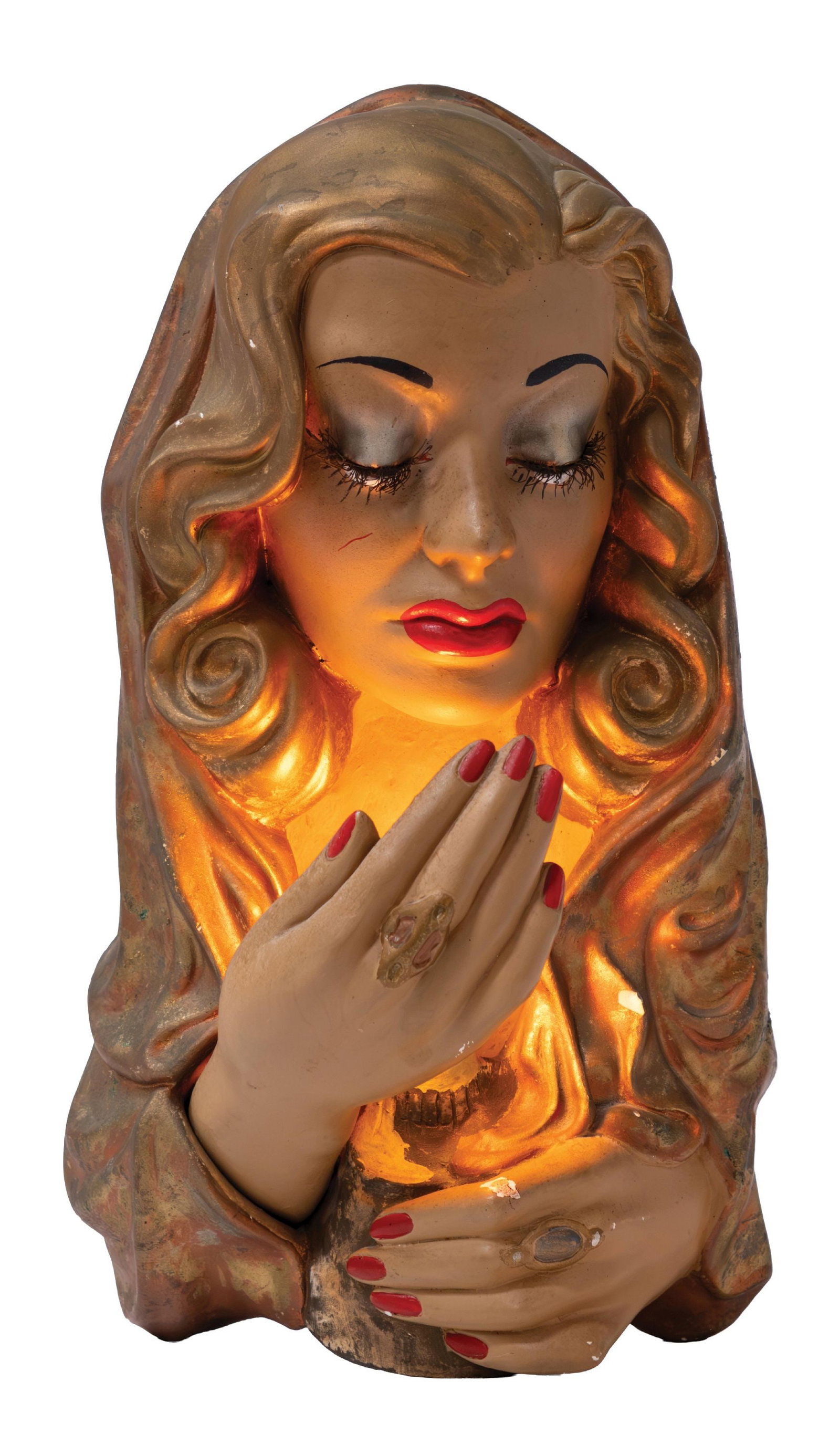 WALL HANGING CHALK FORTUNE TELLER LAMP: CONDITION: A period piece made from chalk, with a lamp hidden behind the young lady's arm. Shows some chips and areas of missing paint. No breaks or repairs. Condition: (Good). Dimensions: 9 -1/2" X 6