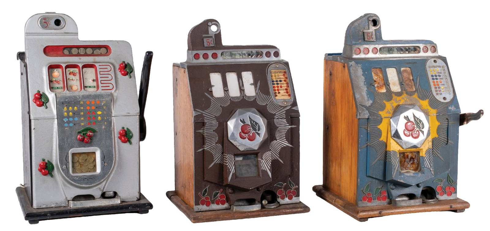 COLLECTION OF 3 SLOT MACHINE CASES: CONDITION: As-found, with original front castings and original wood sides. Any parts shown would be original. There is surface rust, oxidation, and areas of missing paint overall. Condition: (Fair). D