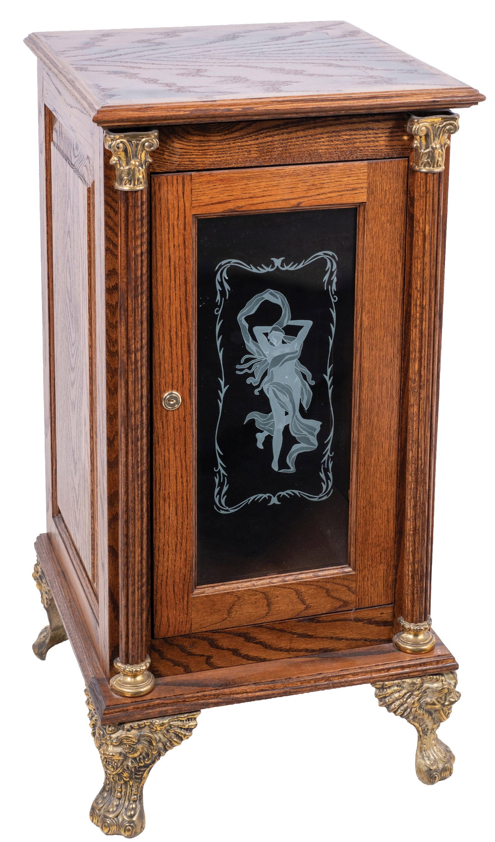 CONTEMPORARY OAK SLOT MACHINE STAND WITH ETCHED GLASS FRONT: CONDITION: Solid and well made contemporary slot machine stand in oak. Cast paw feet, glass front door, with light wear overall from use. This is not a standard shippable item and will require 3rd par