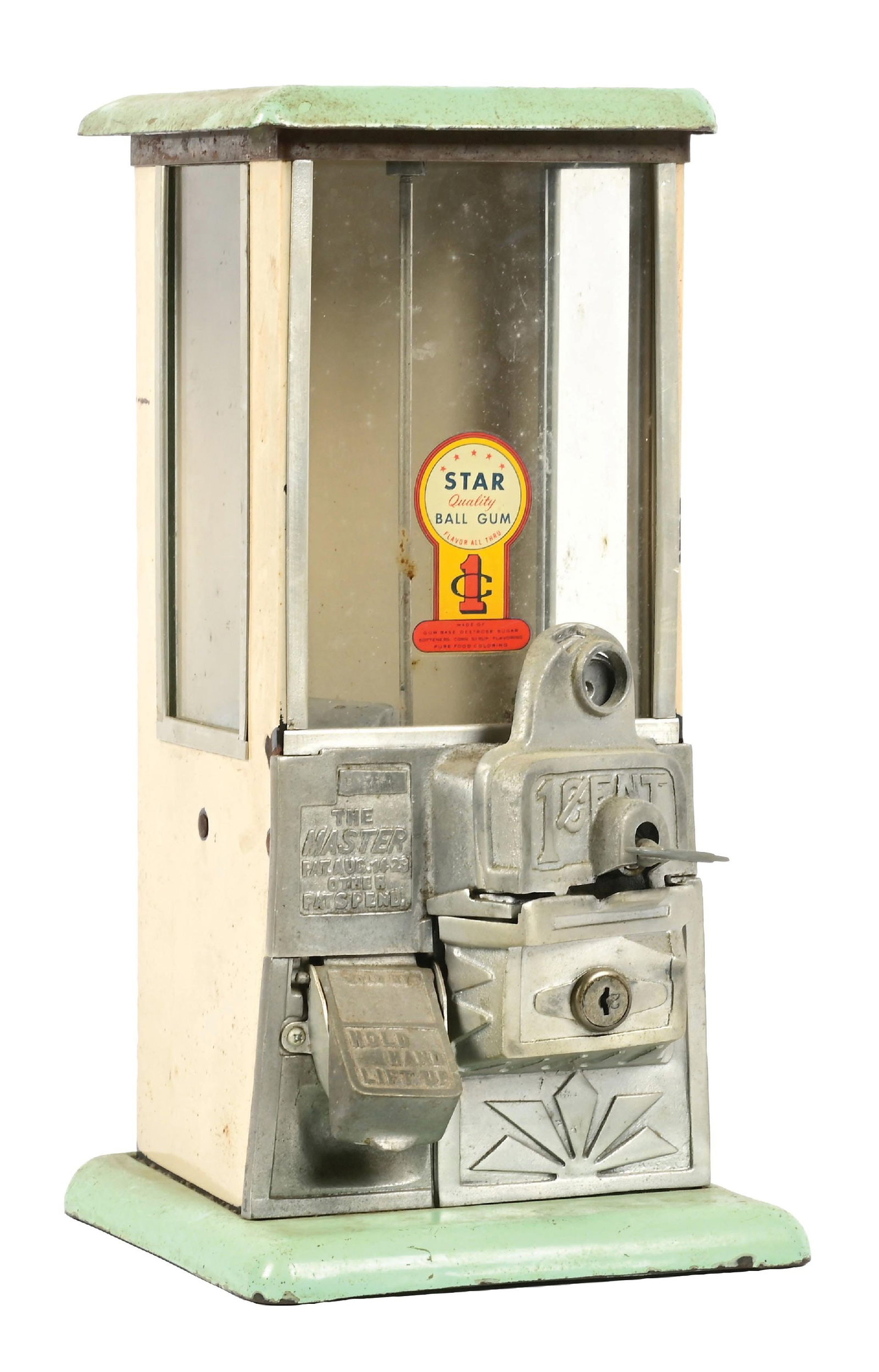 1¢ MAST GUM BALL MACHINE: C. 1927. CONDITION: Original green and tan porcelain, showing light chip and light surface dirt that would be improved with a good cleaning. The front aluminum mechanism is patinaed and the front glas