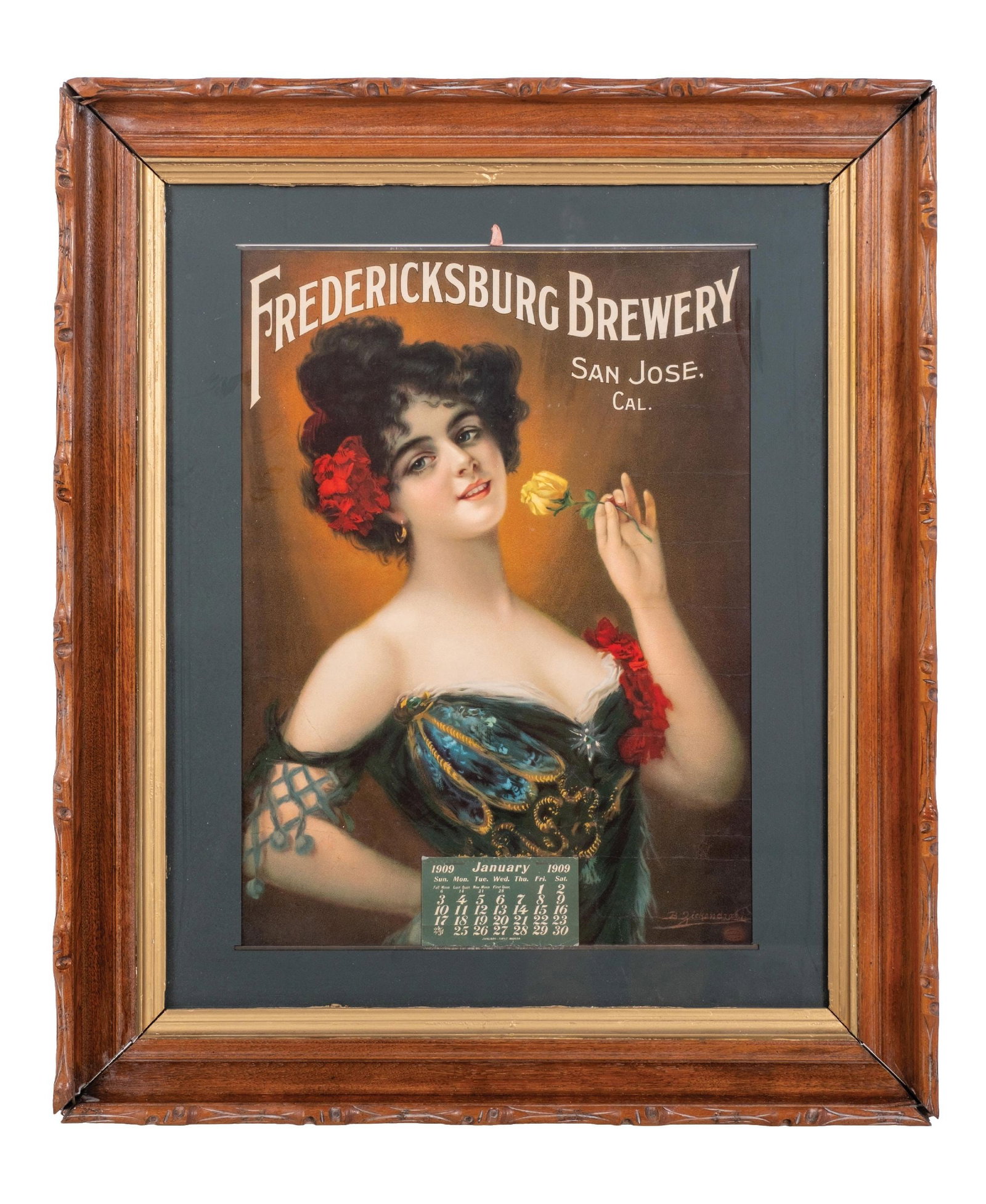 FRAMED LITHOGRAPH CALENDAR FOR FREDRICKSBURG BREWERY, SAN JOSE, CA: Pre-Prohibition. CONDITION: Contemporarily framed and matted lithograph showing top and bottom metal strips, with a January 1909 calendar. Good color, showing light folds overall from having been fold