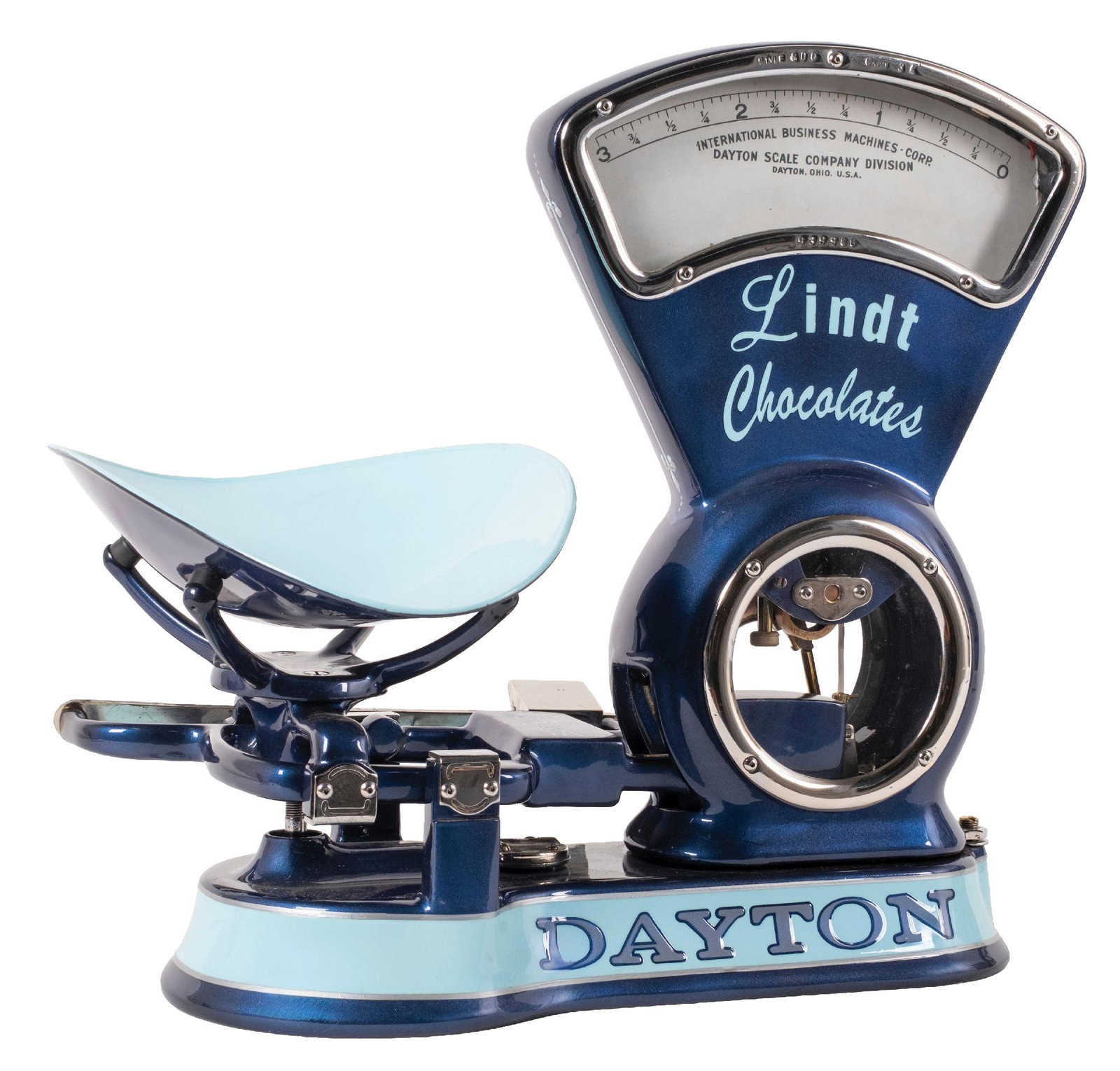 FULLY RESTORED DAYTON 3LB SLIDE BAR CANDY SCALE: CONDITION: Shows all new applied paint and lettering, with new pinstripe. Comes with painted scoop and replated, nonpainted surfaces. No chips, cracks, or repairs. Condition: (Restored). Dimensions: 1
