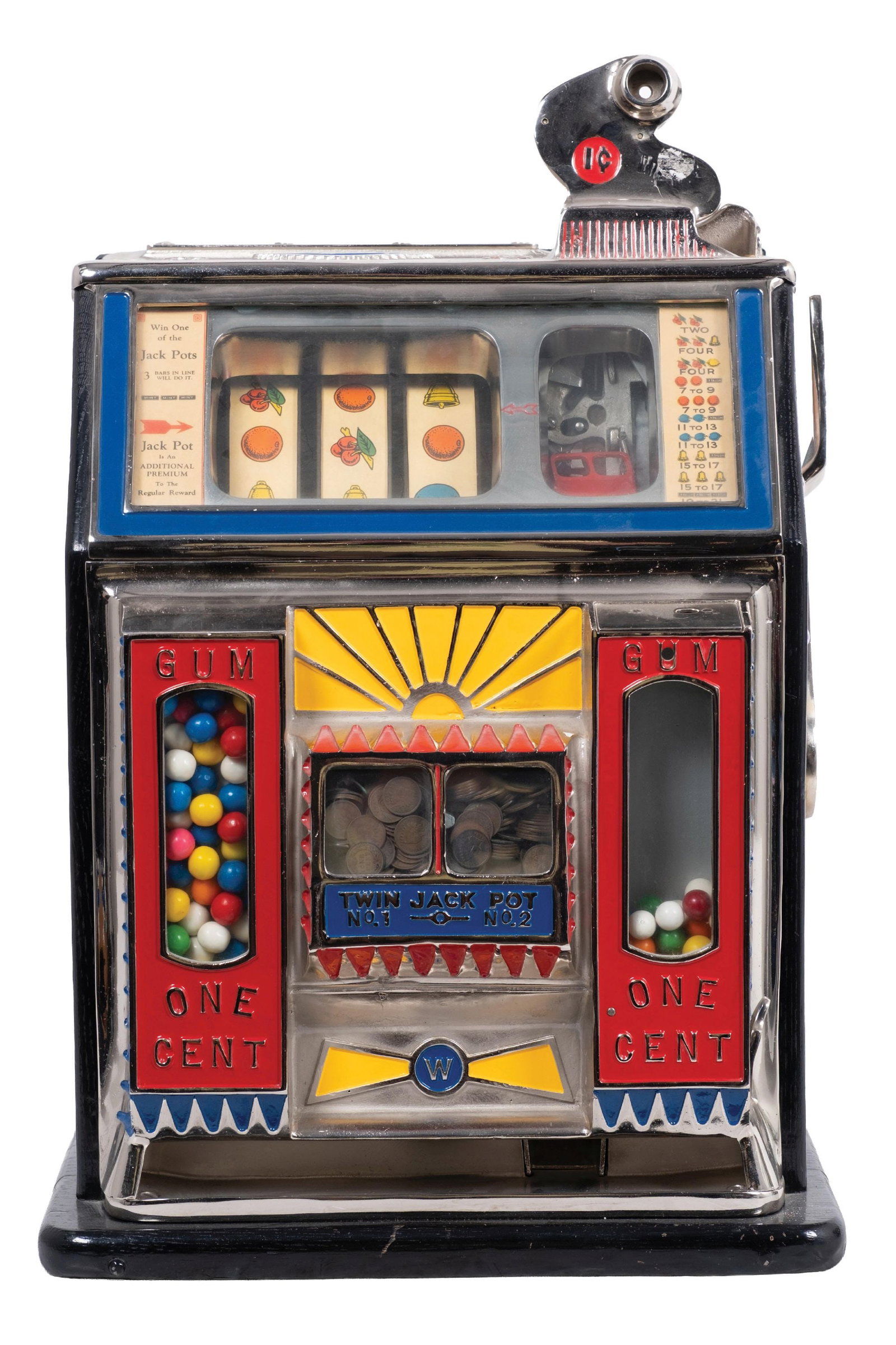 1¢ WATLING TWIN JACKPOT "BLUE SEAL" SLOT MACHINE WITH GUMBALL VENDER - 2