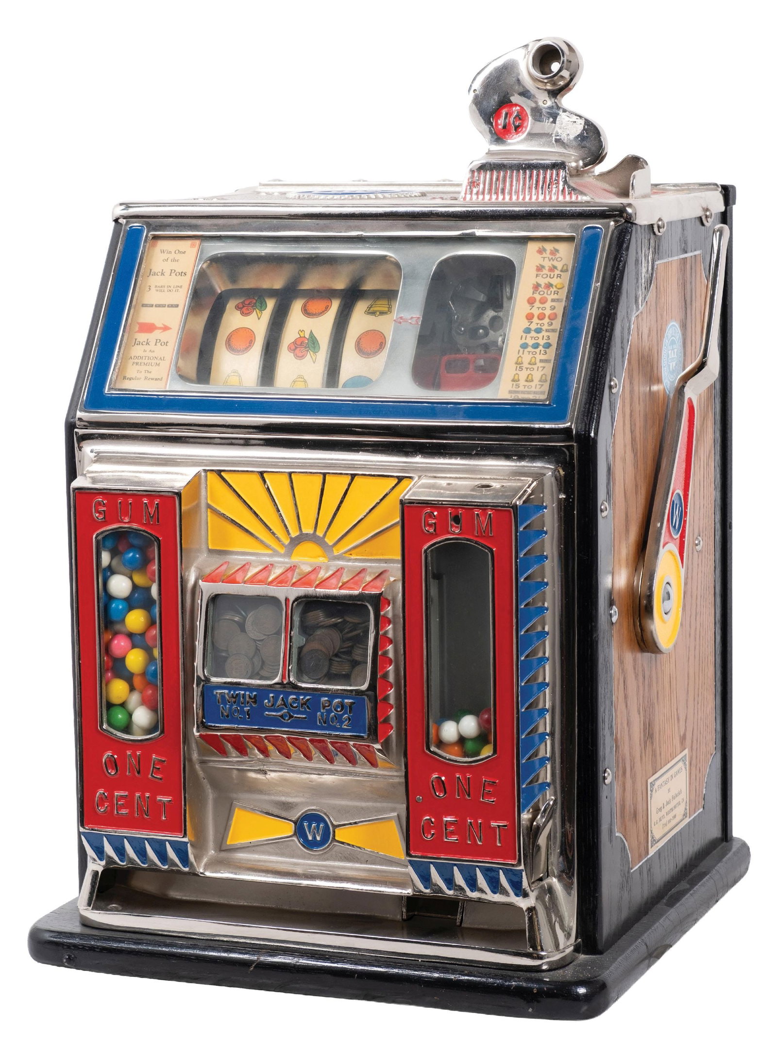 1¢ WATLING TWIN JACKPOT "BLUE SEAL" SLOT MACHINE WITH GUMBALL VENDER - 3