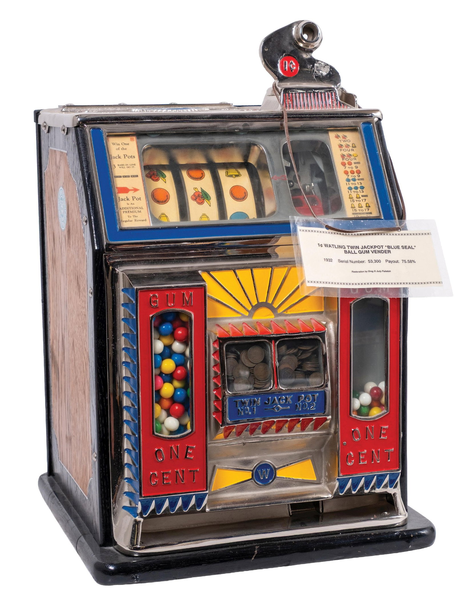 1¢ WATLING TWIN JACKPOT "BLUE SEAL" SLOT MACHINE WITH GUMBALL VENDER - 7