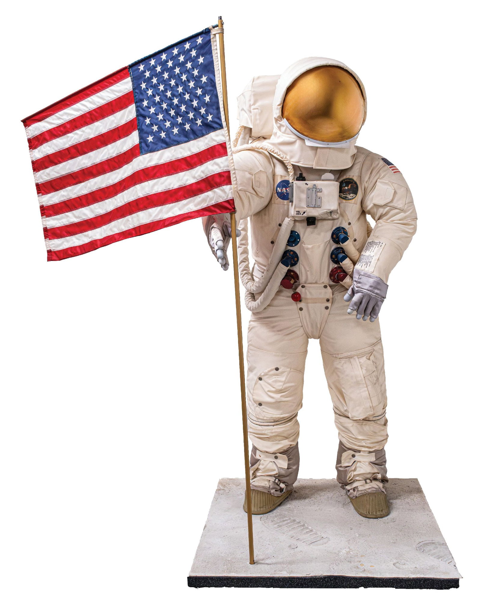 FULL-SIZE REPLICA OF APOLLO 11 ASTRONAUT PLACING FLAG ON MOON: CONDITION: Shows all original components. No rips or repairs. This is not a standard shippable item and will require 3rd party shipping or pickup arrangements to be made. Condition: (Excellent). Dimen
