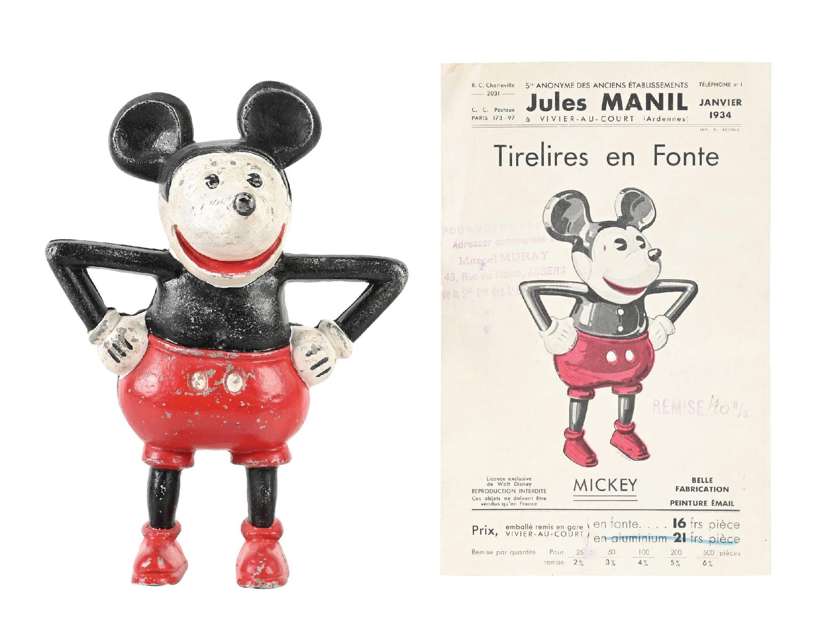 1930S ALUMINUM MICKEY MOUSE BANK: With overpaint. Condition: (Very Good Plus - Excellent). Dimensions: 6" x 3 - 1/2" x 8 - 1/4".