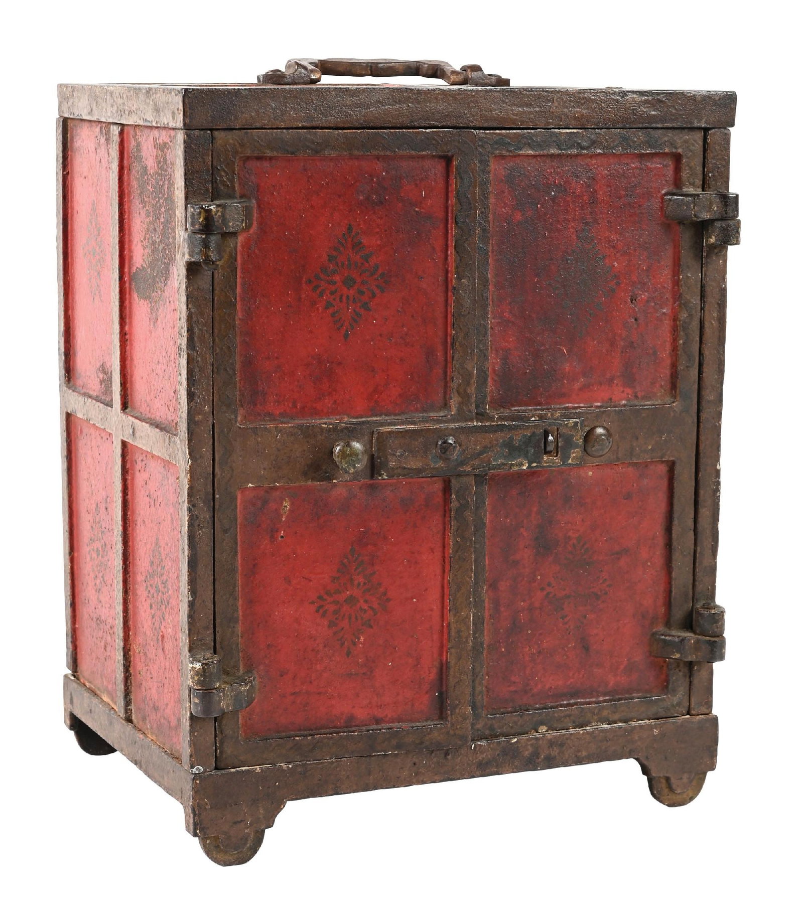 CAST IRON DOCUMENT SAFE: Missing lock. Top handle reattached. Condition: (Good - Very Good). Dimensions: 8 - 3/4" x 7" x 11 - 1/4".
