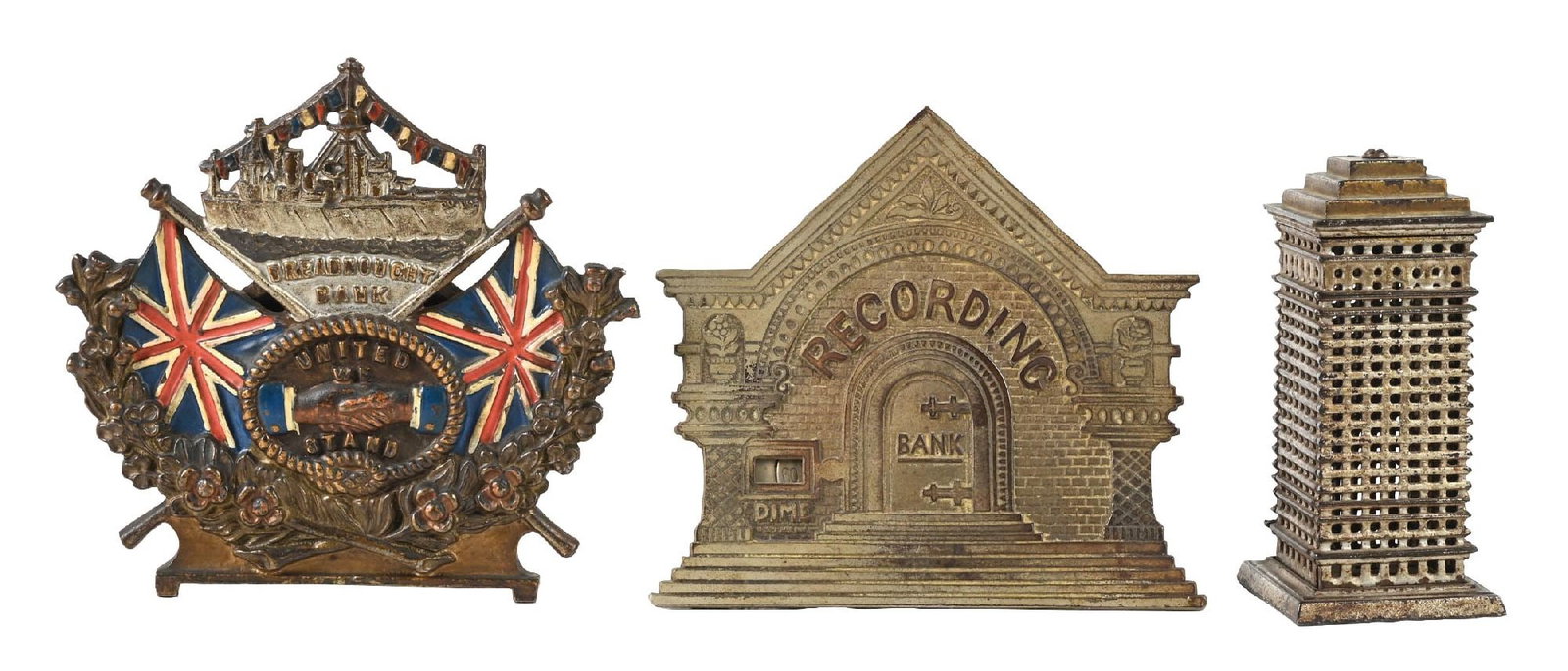 LOT OF 3: STILL BANKS: (A) Dreadnought. Excellent plus condition. (B) Tiered High Rise. Casting flaw on roof and one corner chipped. Very good condition. (C) "Recording" Registering Bank. Very good condition. Condition: Dim