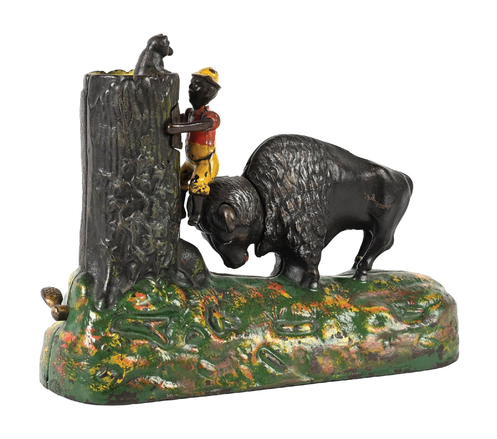 BUTTING BUFFALO MECHANICAL COIN BANK KYSER & REX CO. WITH KEY: Beautiful original example. Great highlights on base. Original raccoon. Condition: Dimensions: 7-3/4" x 3" x 6-1/4".
