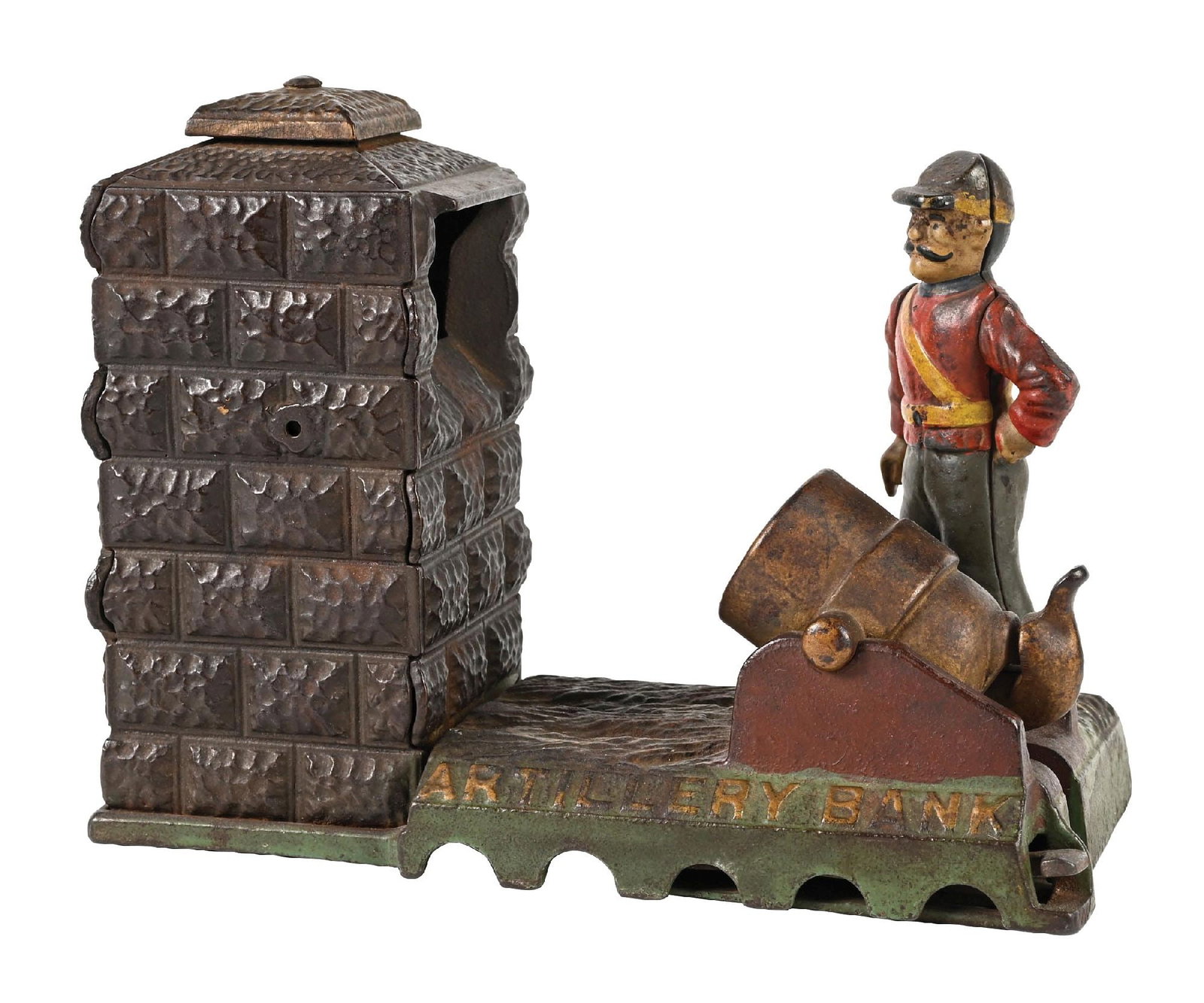 J. & E. STEVENS ARTILLERY BANK: 100% original. Could use a good cleaning. Condition: (Very Good Plus). Dimensions: 8" x 3 - 3/4" x 6".