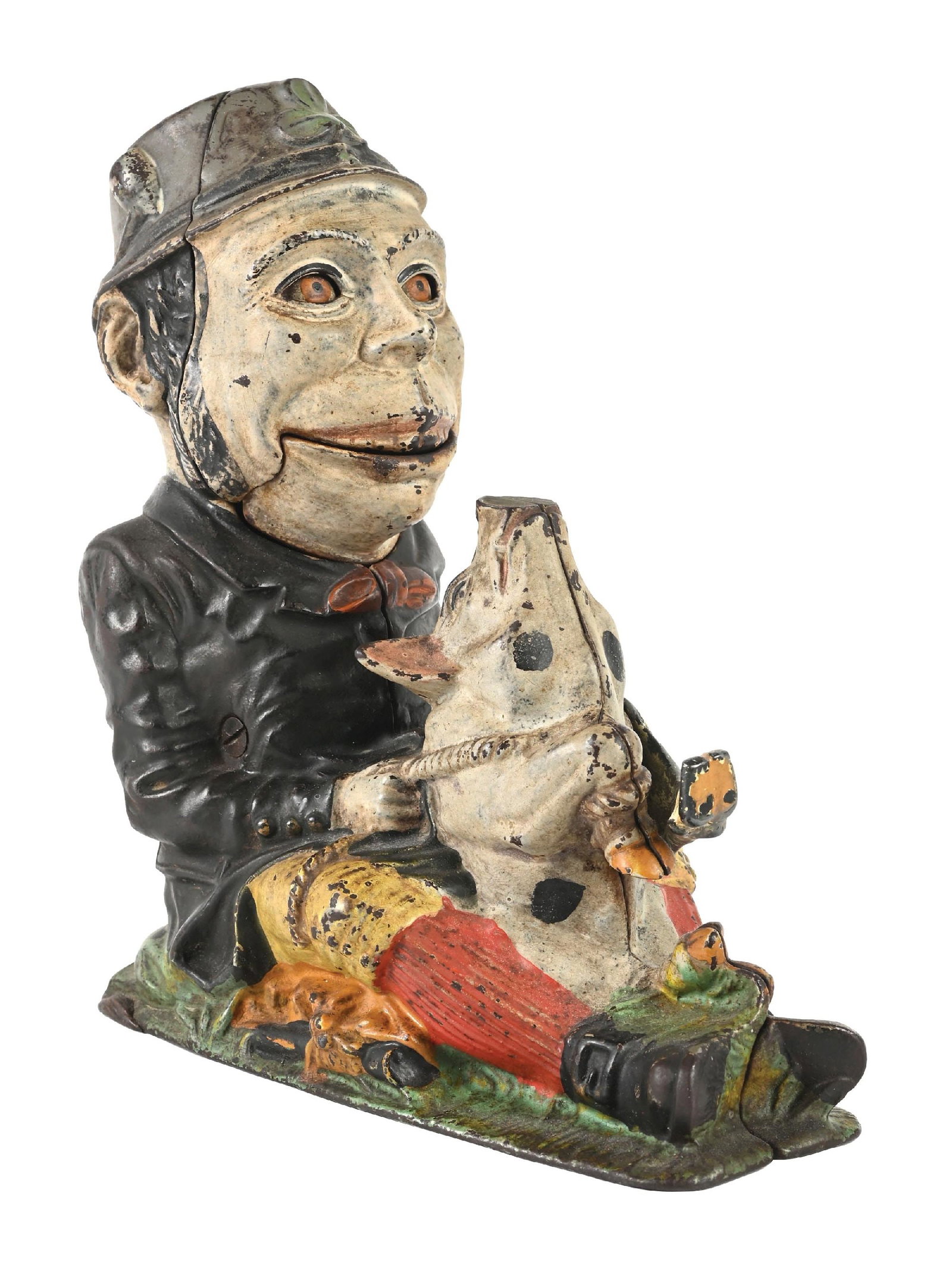 J. & E. STEVENS PADDY & THE PIG BANK: Replaced kicking leg, works well, needs cleaning. Condition: (Very Good Plus). Dimensions: 6 - 1/2" x 3 - 1/2" x 8".