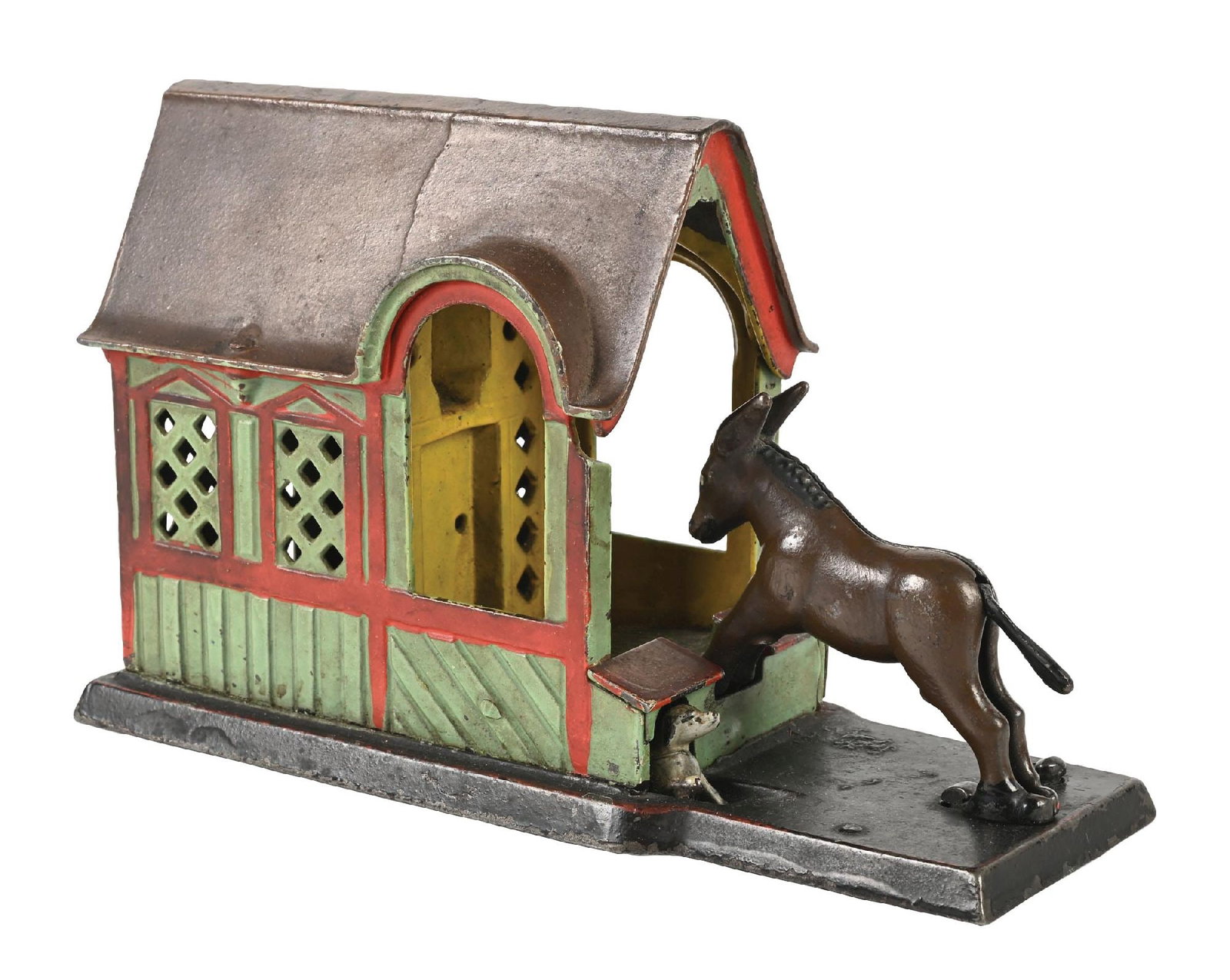 J. & E. STEVENS MULE ENTERING BARN BANK: All original with exception of replaced tail. Dog does not exit the barn when activated. Condition: (Excellent). Dimensions: 8 - 1/2" x 3" x 5 - 1/2".