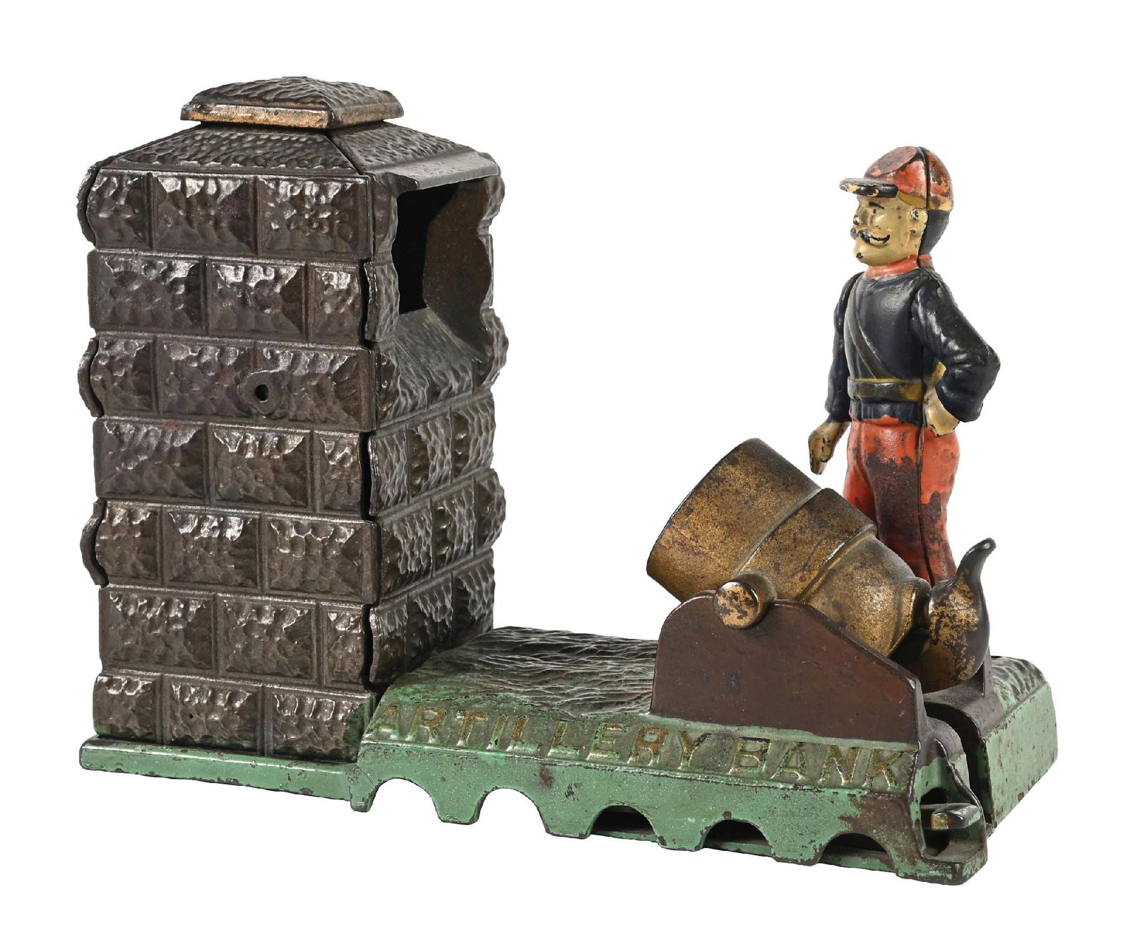 J. & E. STEVENS ARTILLERY BANK: Patch of rust on one leg; otherwise, all original and very good condition. Condition: (Very Good). Dimensions: 8" x 3 - 3/4" x 6".