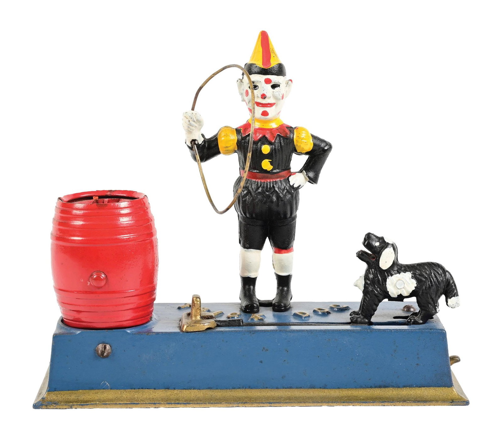 HUBLEY TRICK DOG MECHANICAL BANK: Some bending to the hoop and missing the coin trap. Condition: (Excellent Plus - Near Mint). Dimensions: 7 - 1/2" x 9" x 3".