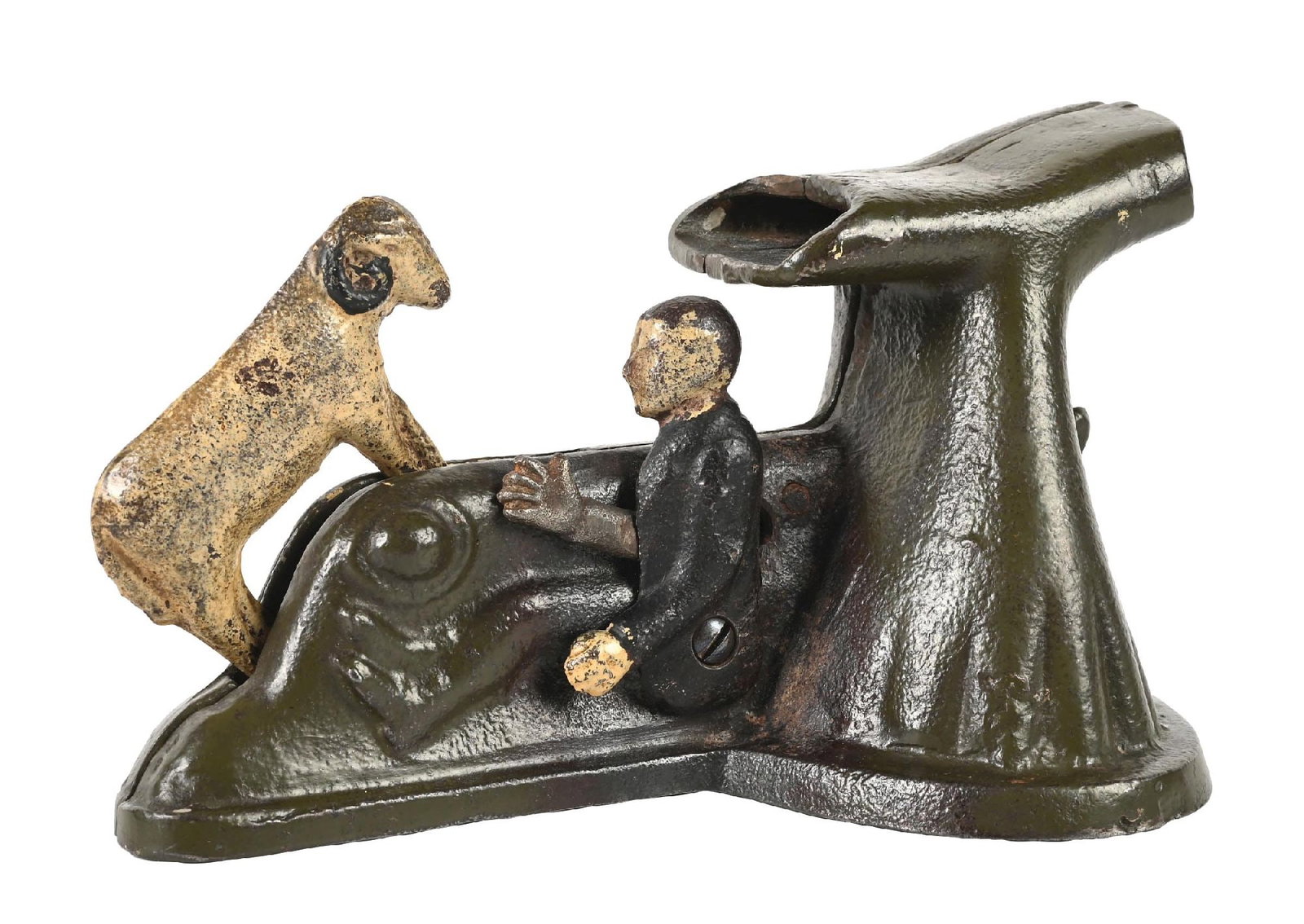 WAGNER & ZWEIBEL BUTTING RAM BANK 2ND CASTING: Man thumbs nose. Replaced hand and lever. Repainted. Condition: (Very Good). Dimensions: 7" x 2 - 3/4" x 3 - 3/4".