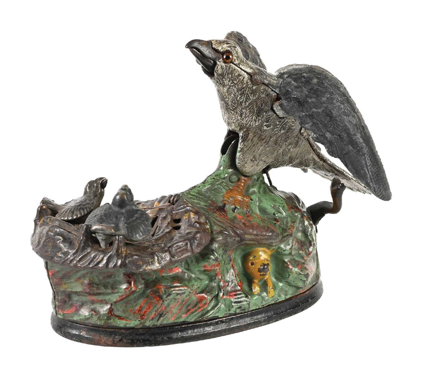 J. & E. STEVENS EAGLE & EAGLETS BANK: Replaced eyes, left wing of bird replaced. Condition: (Very Good). Dimensions: 8" x 4 - 3/8" x 6".