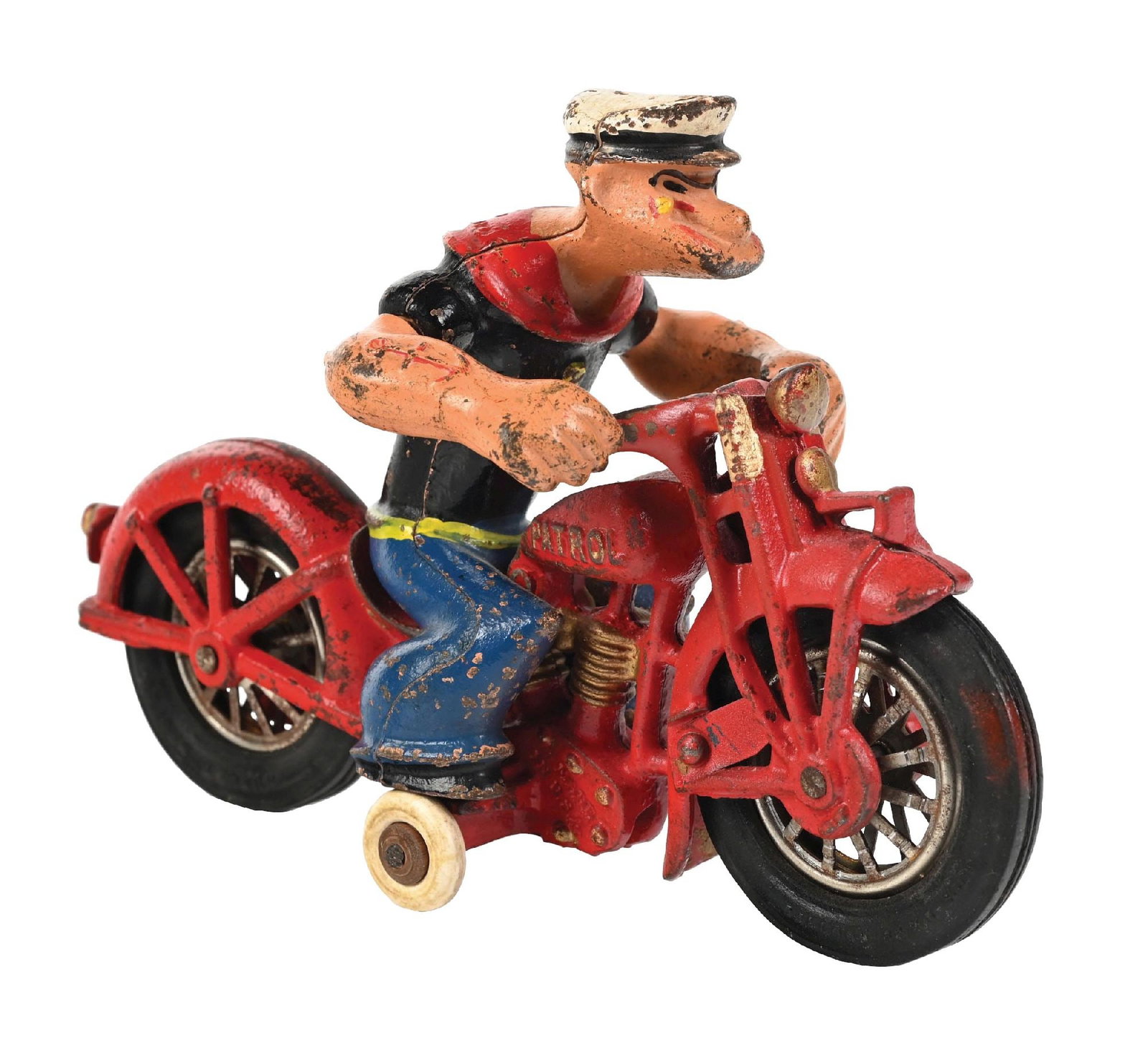 HUBLEY POPEYE PATROL MOTORCYCLE: One handlebar repair with touch-up. Small support wheels are replaced. Condition: (Very Good Plus). Dimensions: 8 - 1/2" x 4 - 1/2" x 5 - 1/4".