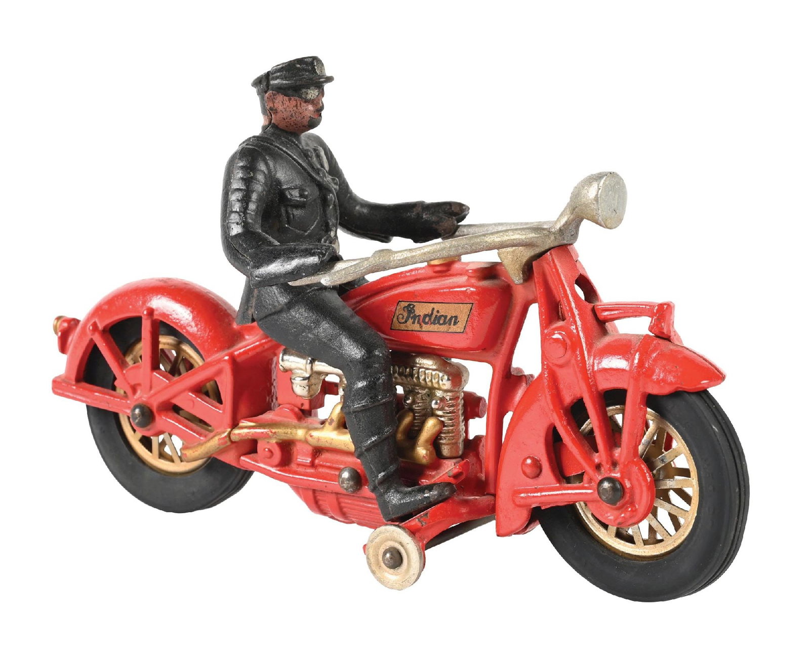 HUBLEY INDIAN MOTORCYCLE: Restored red example with original handlebars and original driver. Engine insert is nickel-plated lead replacement. Condition: (Restored). Dimensions: 9" x 3 - 1/2" x 5 - 1/2".