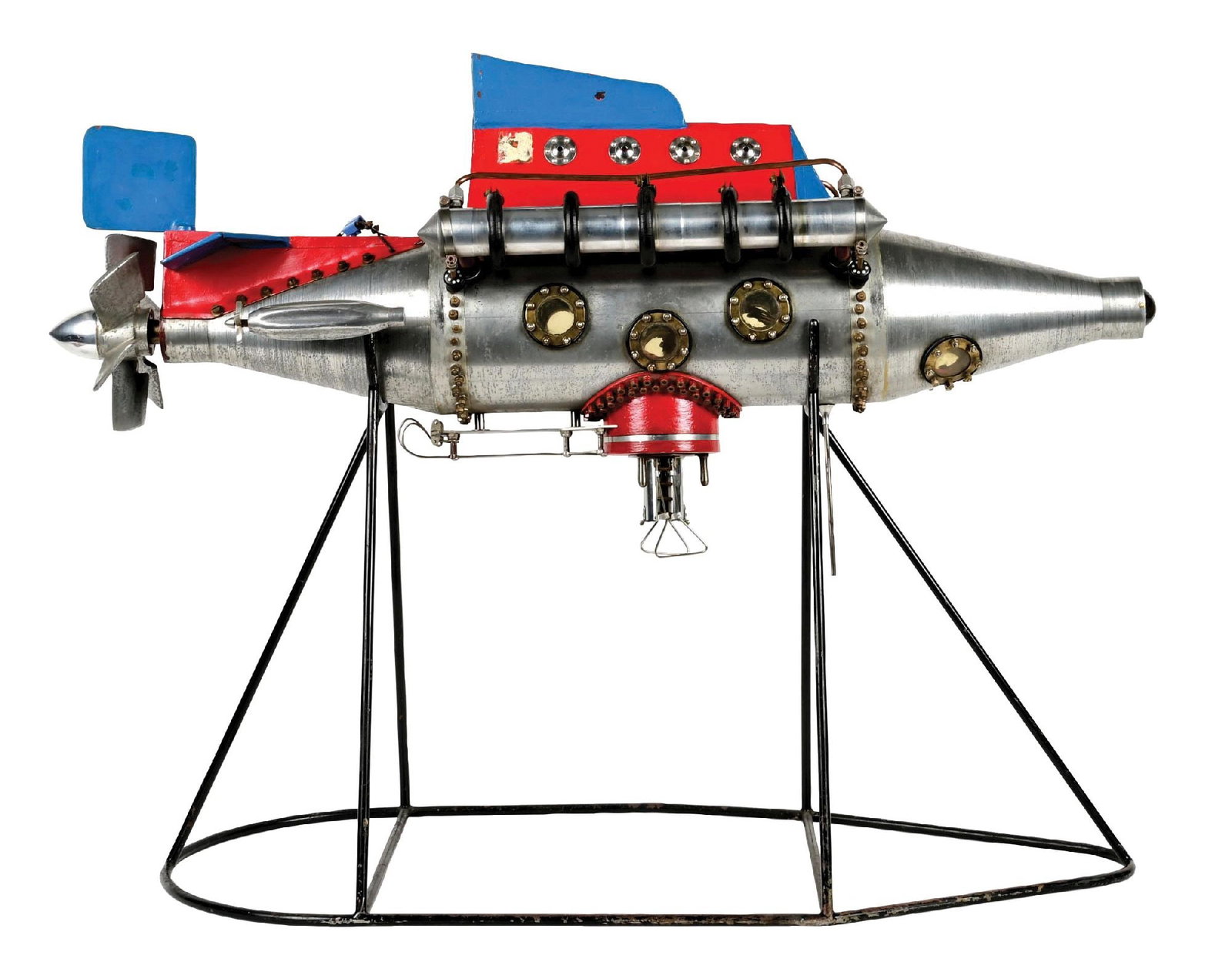 VERY EARLY FRENCH FOLK ART TYPE SUBMARINE: Electrified. Works. French. Looks similar to a 20000 Leagues Under the Sea Jewels of Verne Ship. Heavy cast metal. Moveable prop and rutter. Very unusual. Displays well. This is not a standard shippab