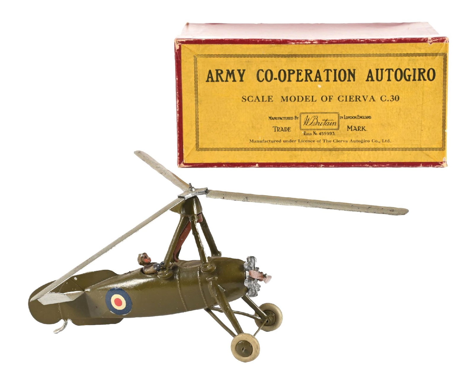 W. BRITAIN'S SET NO. 1431 ARMY CO-OP AUTOGIRO: C. 1936-1941. Scale model of cierva C.30. Slight wear to rotor blades. Excellent condition box. 2 pieces total. Condition: Dimensions: 6 - 1/2" x 3" x 4 - 1/4".