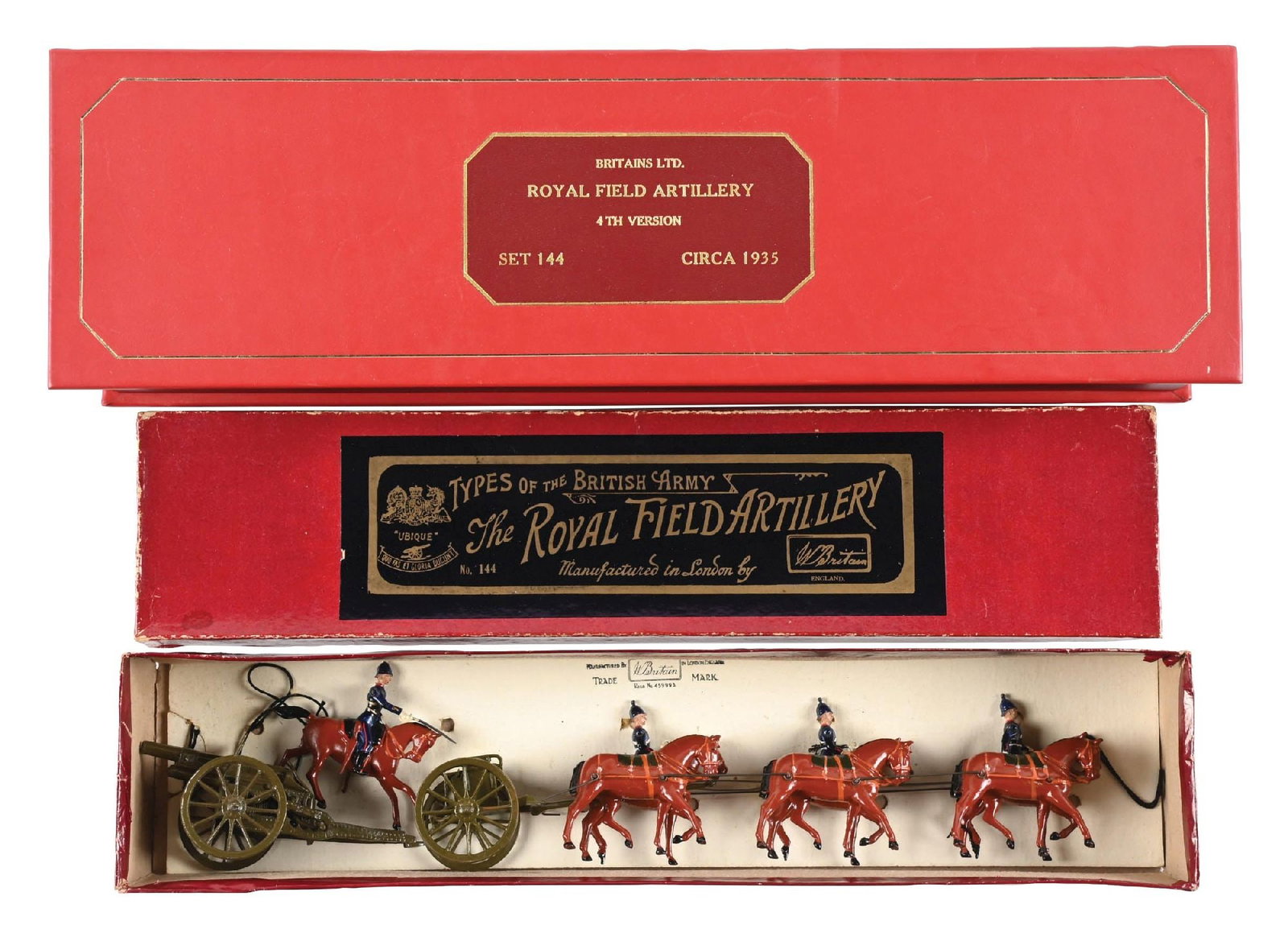 BRITAIN'S LIMITED ROYAL FIELD ARTILLERY IN ORIGINAL BOX: C. 1932-1938. Black and gold box. Complete with minor wear. From the Tim Ilyinski Collection in custom box. 9 pieces total. Condition: Dimensions: 20" x 5 - 3/4" x 4 - 1/4".