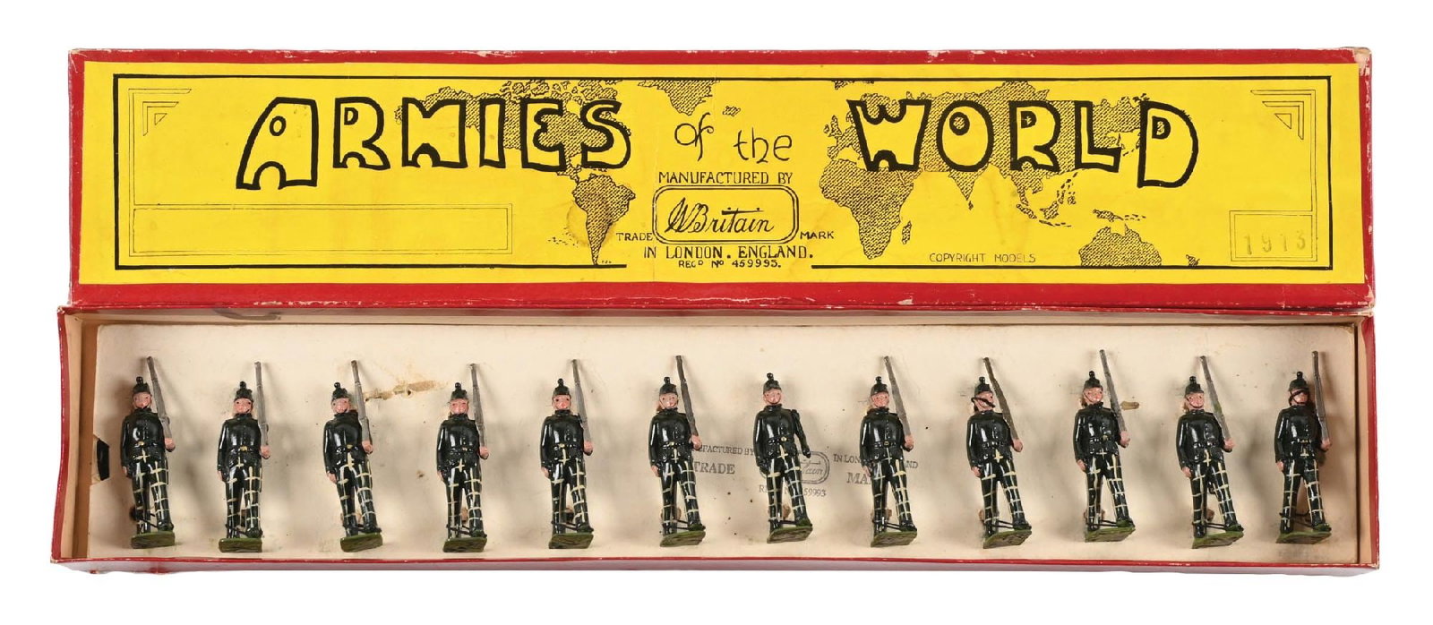 W. BRITAIN'S SET NO. 1913 CAMERONIANS: C. 1941. This is the only known set of 12 figures. In this box, labeled and stamped "Auchinleck" series. Excellent + condition. Condition: Dimensions: 18" x 3 - 1/2" x 1 - 1/4".