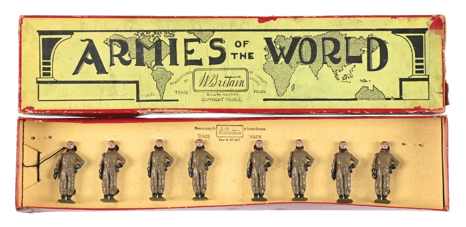 W. BRITAIN'S SET NO. 333 US AVIATORS: C. 1929-1939. Excellent condition. 8 pieces total. Condition: Dimensions: 14 - 3/4" x 3 - 1/2" x 1 - 1/4".