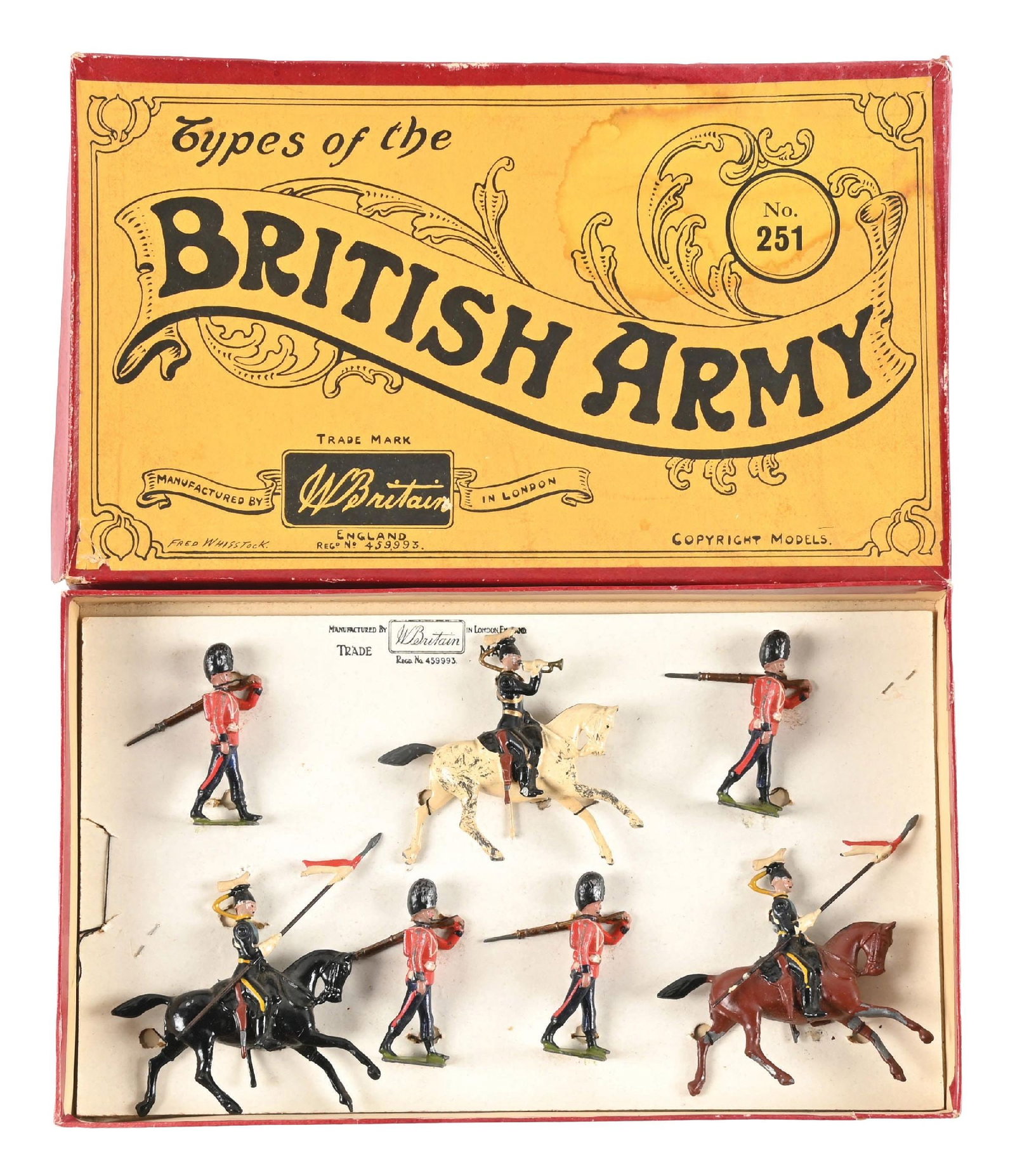 W. BRITAIN'S SET NO. 251 21ST LANCERS & 7TH ROYAL FUSILIERS (HALF BOOTED): C. 1926-1938. Overall play-wear (bare skins and horse legs). Good condition. 7 pieces total. Condition: Dimensions: 11" x 6 - 3/4" x 1 - 1/2".