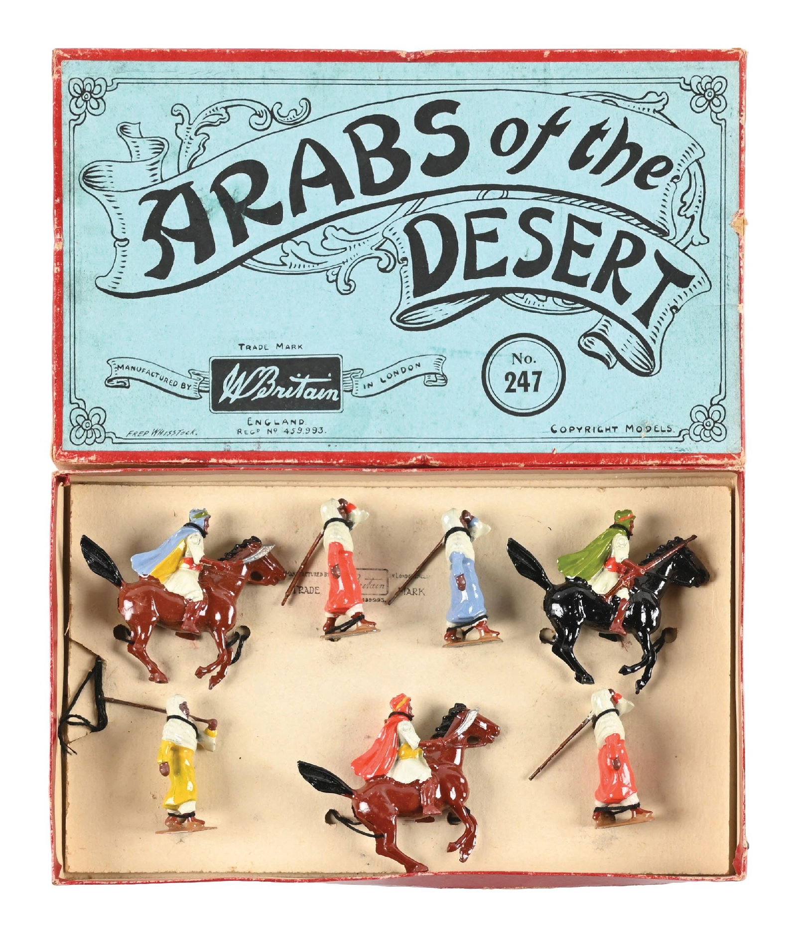W. BRITAIN'S SET NO. 247 ARABS OF THE DESERT: C. 1926-1941. Rare art deco box. Near mint condition. 7 pieces total. Condition: Dimensions: 11" x 6 - 3/4" x 1 - 1/2".