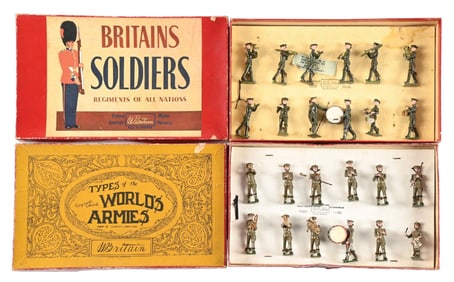 LOT OF 2: W. BRITAIN'S SET NO. 1301 US MILITARY BAND & NO. 1290 BRITISH BAND OF THE LINE