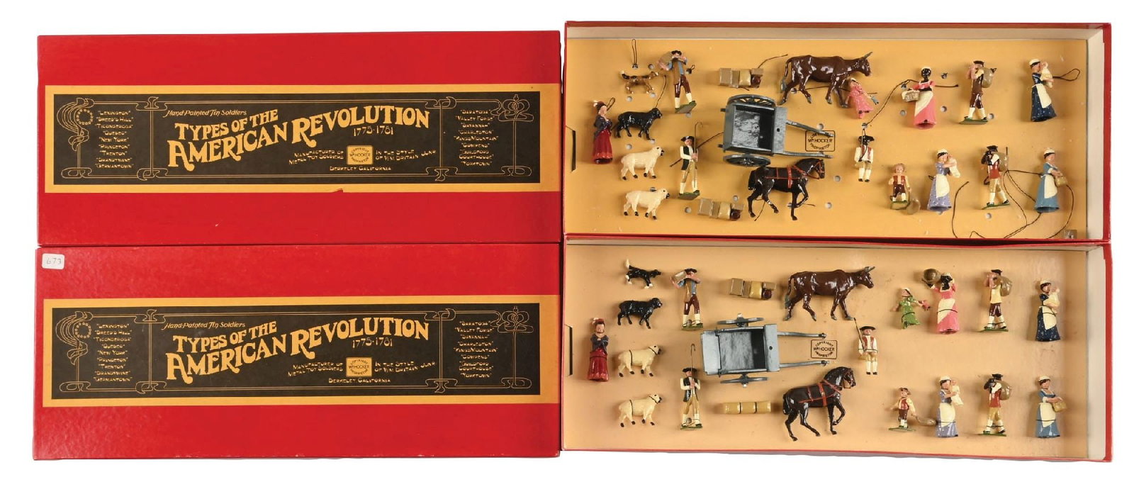 LOT OF 2: WM. HOCKER TYPES OF THE AMERICAN REVOLUTION REGIMENTAL CAMP FOLLOWERS NO. 195 SETS IN: One set mint, tied in box, one set loose in box with slight play wear. 21 pieces each. 41 pieces total. Condition: Dimensions: Each: 18" x 7 - 1/4" x 2".