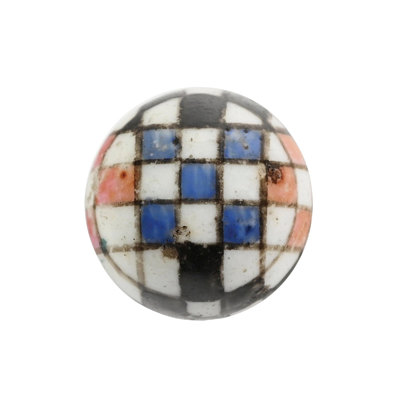 CHECKERBOARD CHINA MARBLE: 3/4" diam. Checkerboard is made up of black, white, blue, and red squares. This is a glazed china. Condition: (9.2). Dimensions: