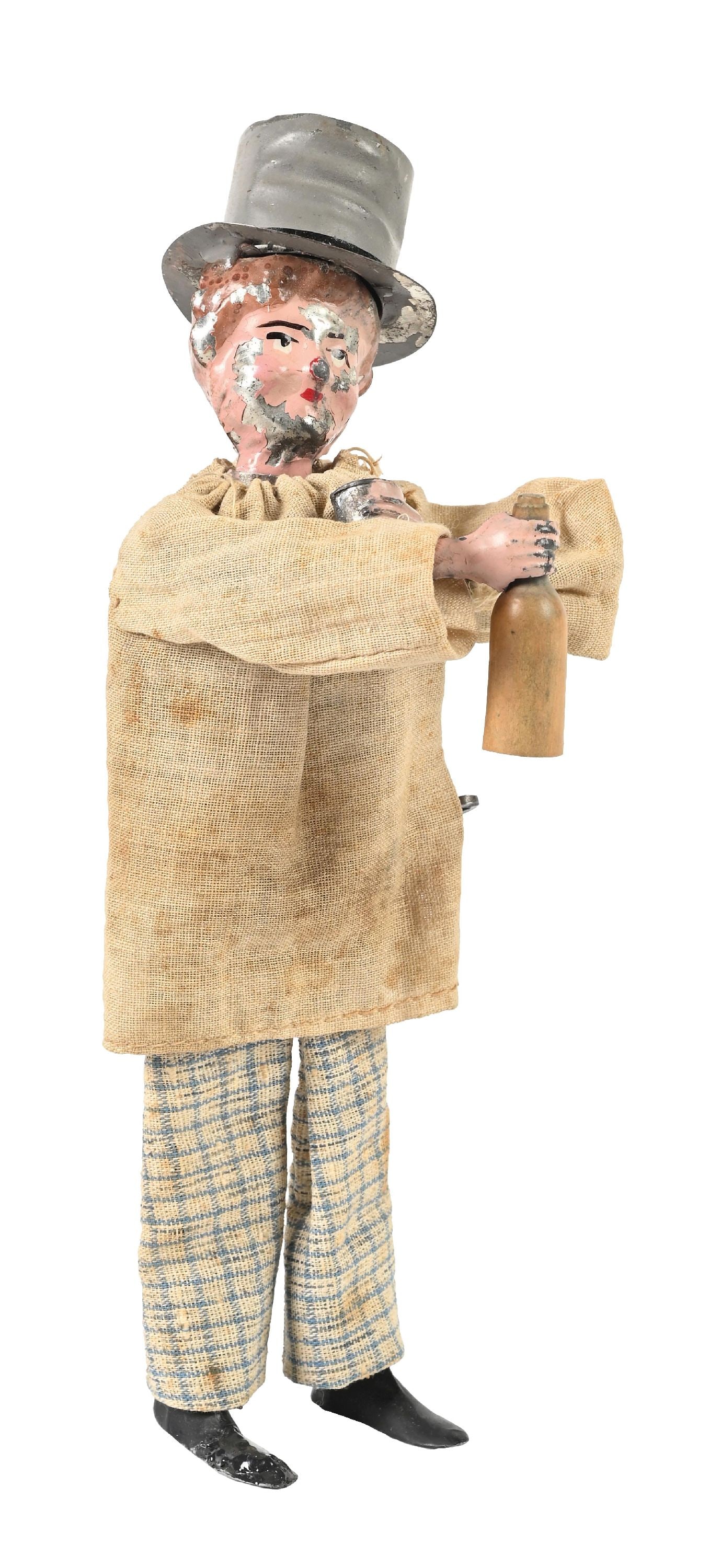 FRENCH PRE-WAR MARTIN HAND-PAINTED & CLOTH WIND-UP DRUNKARD TOY: The toy is holding bottle in right hand and cup in left hand. Hand-painted face, hat, and hands. It has iron feet and original clothing, which has some soiling. Some paint chipping, mostly to face. Co