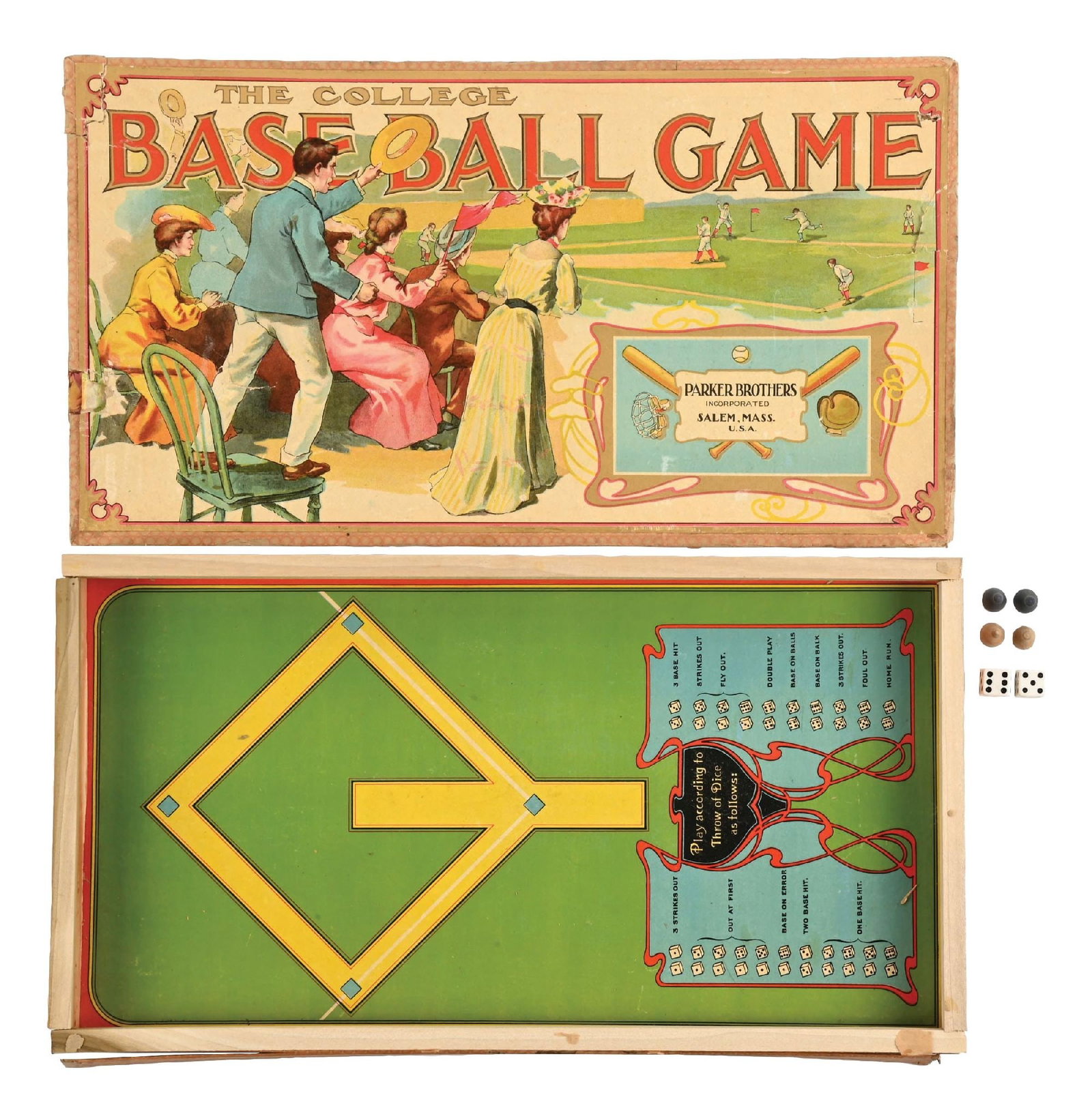 THE COLLEGE BASEBALL GAME: In the original box. The box looks very colorful, and shows people in early 20th century clothing. Made by Parker Brothers Salem, Mass. Nice clean board. Box is missing one long cardboard apron and tw