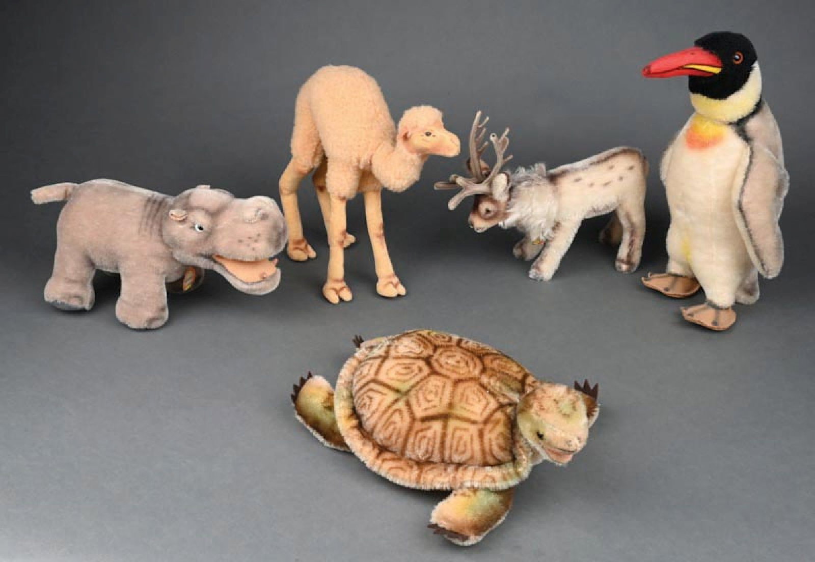 LOT OF 5: LARGE-SIZE GERMAN STEIFF ANIMALS: (A) An elk with a tag marked "Renny". (B) A turtle. (C) A hippo marked "Mockie". (D) A penguin. (E) A camel. Condition: (Very Good - Excellent). Dimensions: Largest: 6" W. x 13" T.