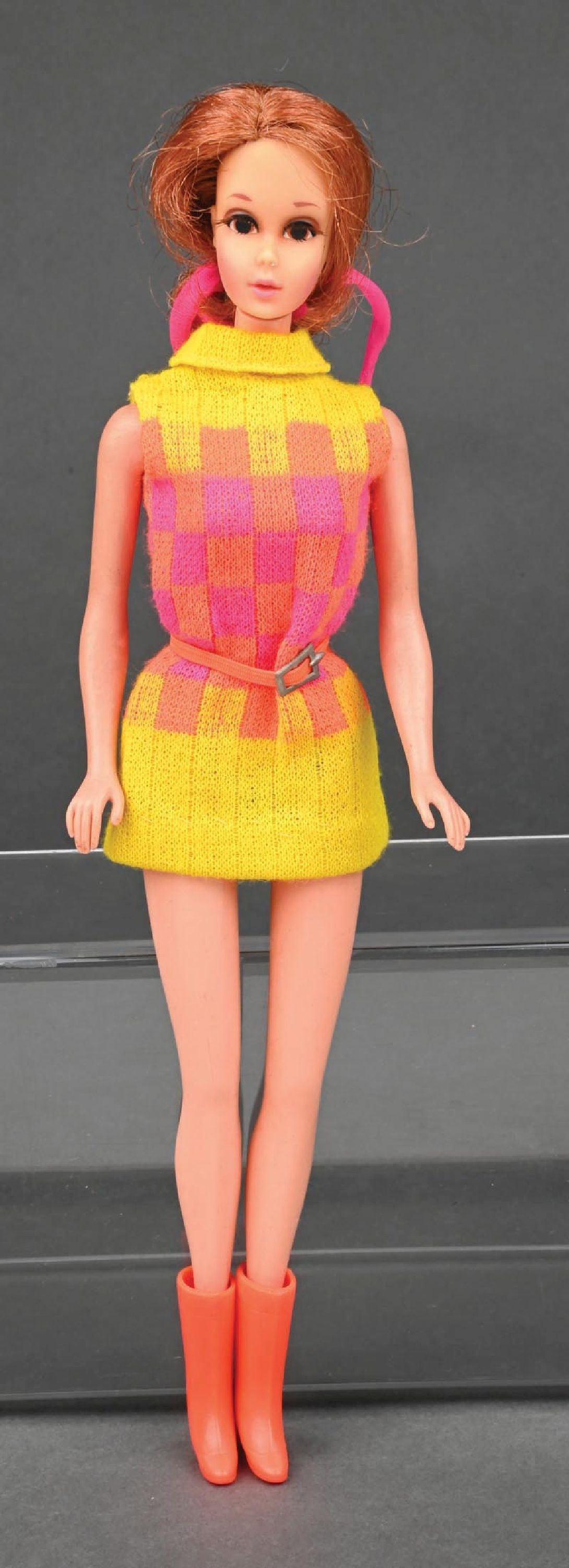 VINTAGE 1970 WALKING JAMIE BARBIE DOLL WITH FASHIONS: A 1970 Walking Jamie, #1132. Red head with original complete outfit (mint face and fashion). Lot also includes a 1967 Tropicana "C" #1460, a 1968 Trailblazer, and a 1963 Party Date #958 with accessori