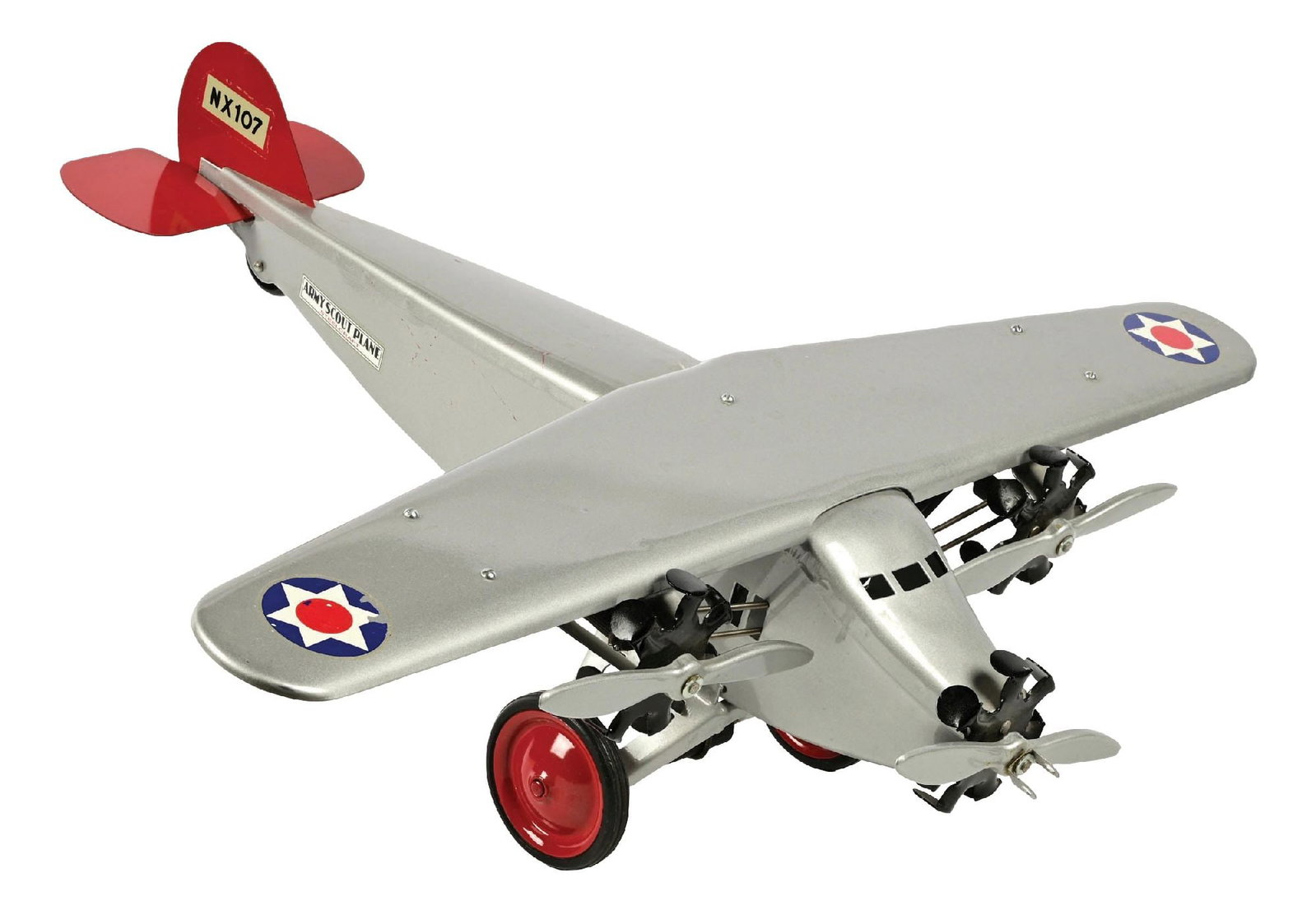 STEELCRAFT TRI-MOTOR PRE-WAR PRESSED STEEL ARMY SCOUT PLANE: Marked "NX107" on tailfin. Replaced decals. Tri-motor, one in front and two on other sides of wings. Replaced decals. Professionally restored. Condition: (Restored). Dimensions: 23 - 1/2" x 26 - 1/2" 