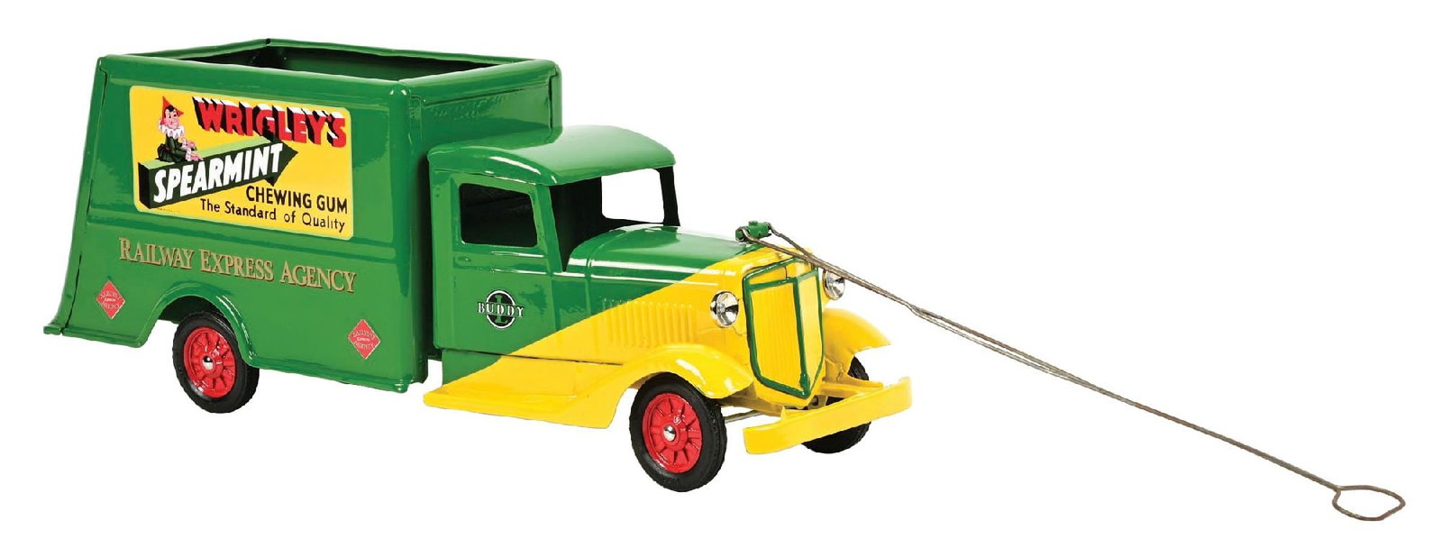 PRE-WAR BUDDY "L" WRIGLEY'S SPEARMINT TRUCK: Includes wire handle. Condition: (Restored). Dimensions: 7" x 25" x 10".