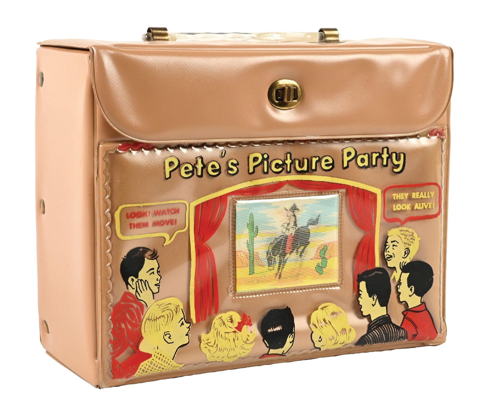 PETE'S PICTURE PARTY VINYL LUNCH BOX W/O THERMOS: C. 1960s. Rare Pete's Picture Party vinyl lunchbox with a holographic emblem on the front. The box has minor scuffing on the interior and mild paint fading and scratching, but overall, it is in absolu