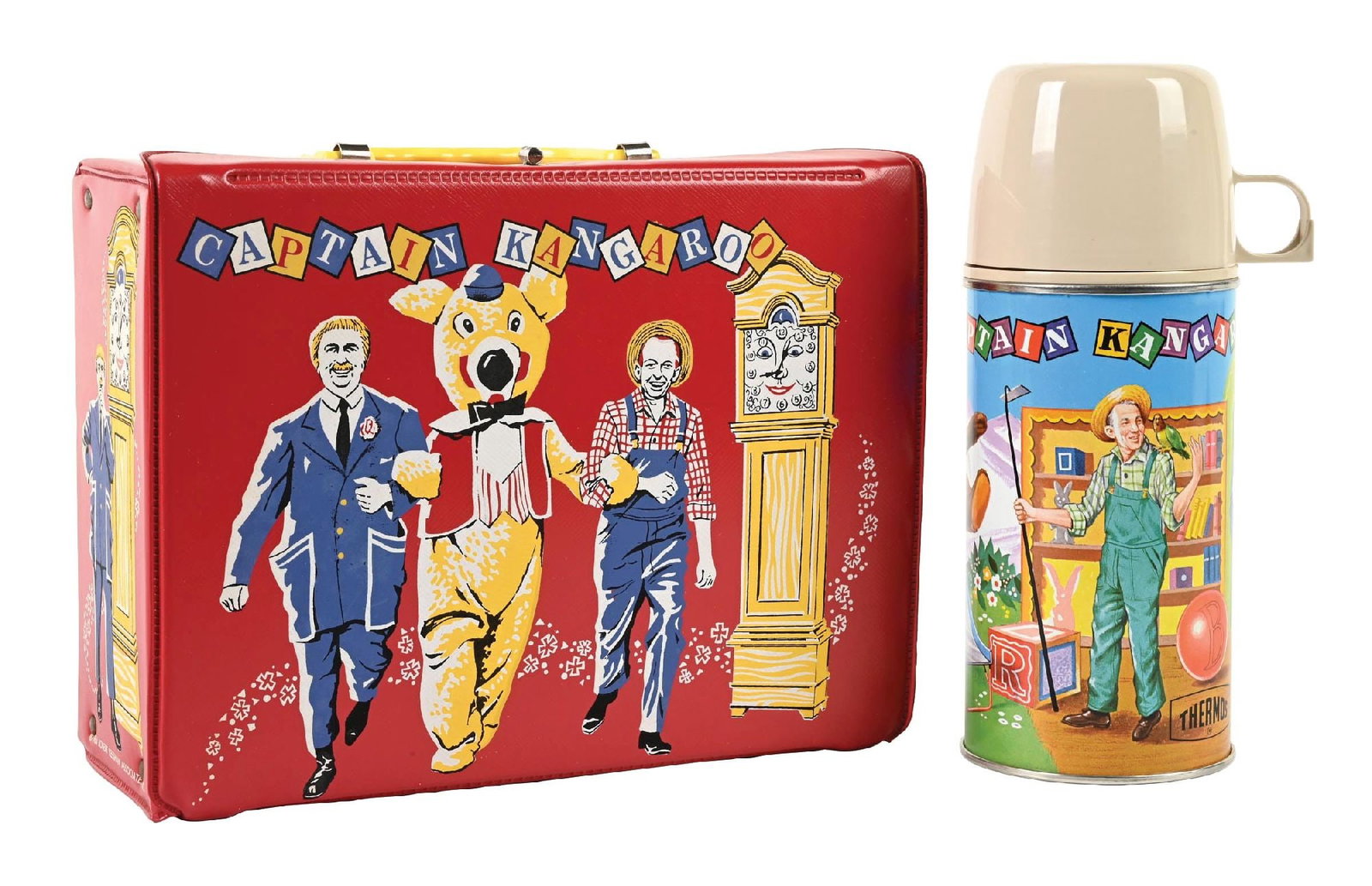 CAPTAIN KANGAROO VINYL LUNCH BOX WITH THERMOS AND THERMOS BAGGIES: C. 1964 Robert Keeshan Associates Vinyl Captain Kangaroo Thermos brand lunchbox and matching thermos and a box of Thermos brand baggies, all of which are in stunning condition, nearly mint. Two minor 