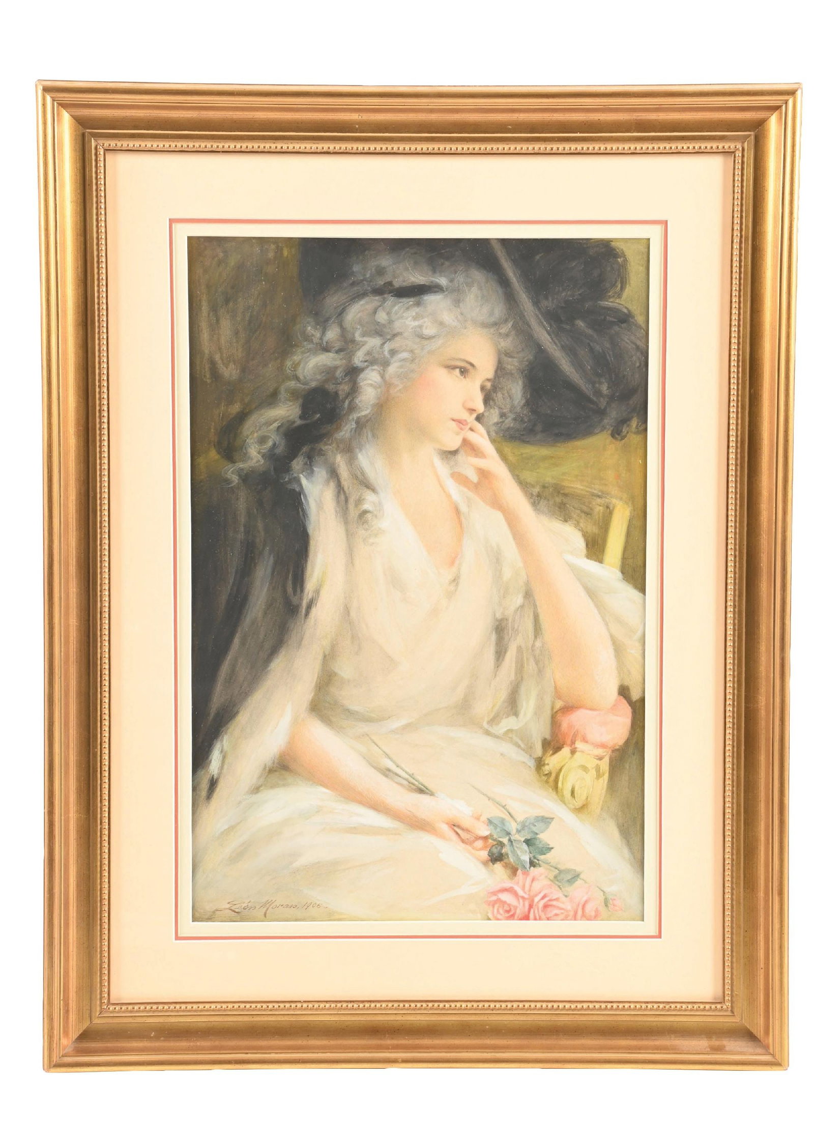 LEON MORAN (AMERICAN, 1864-1941): Untitled (Woman with Roses) Mixed media on paper Signed and dated lower-left "Leon Moran, 1905." Sheet 20-1/2 x 13-3/4 in. (52 x 40 cm) Framed 29-5/8 x 22-1/2 in. (75.4 x 57.1 cm) Condition Excellent.