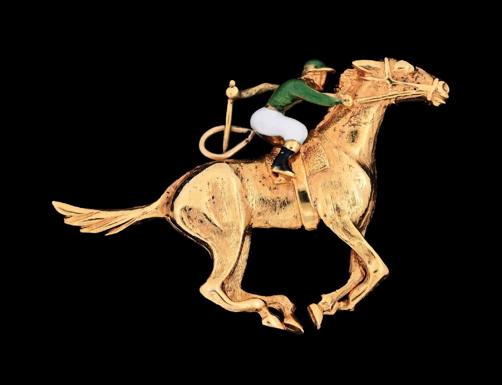 14K GOLD ENAMELED HORSE & JOCKEY PENDANT: Antique 14k yellow gold enameled horse and jockey pendant measuring 2" wide by 1-1/2" tall. Gross weight is 13.5 grams. Marked "14K". Condition: (Very Good-Excellent). Dimensions: